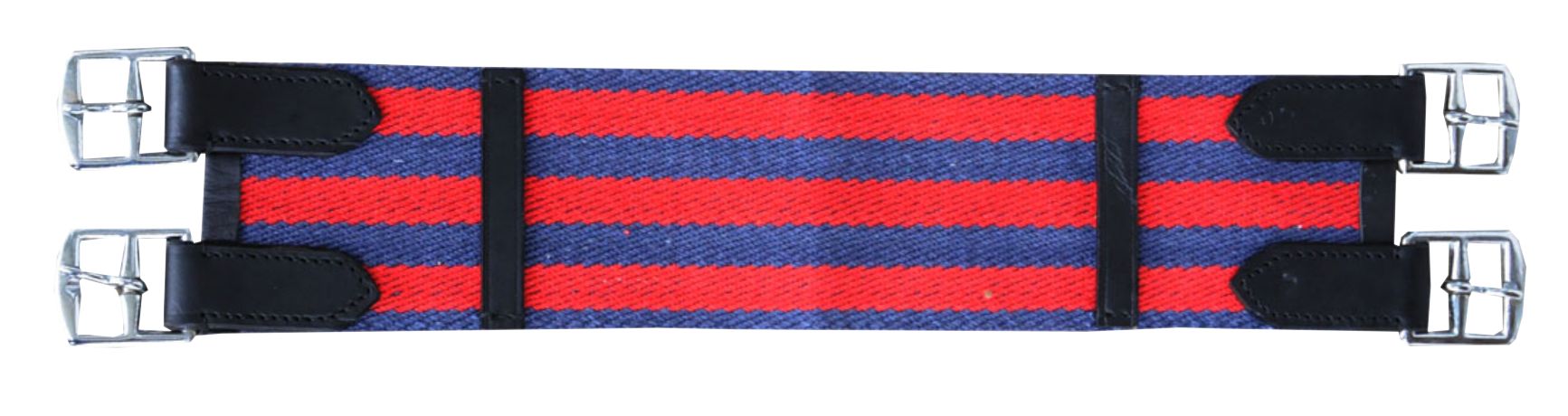 Sattelgurt mit blau-roten Streifen, Schnallen und schwarzen Lederdetails.