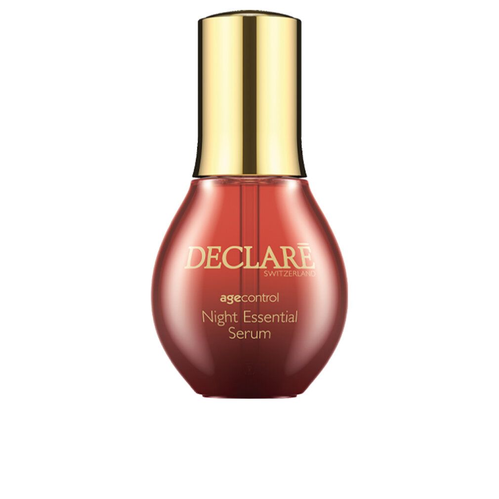 Rote Serumflasche mit goldfarbenem Deckel. Aufschrift: DECLARE SWITZERLAND, agecontrol Night Essential Serum.