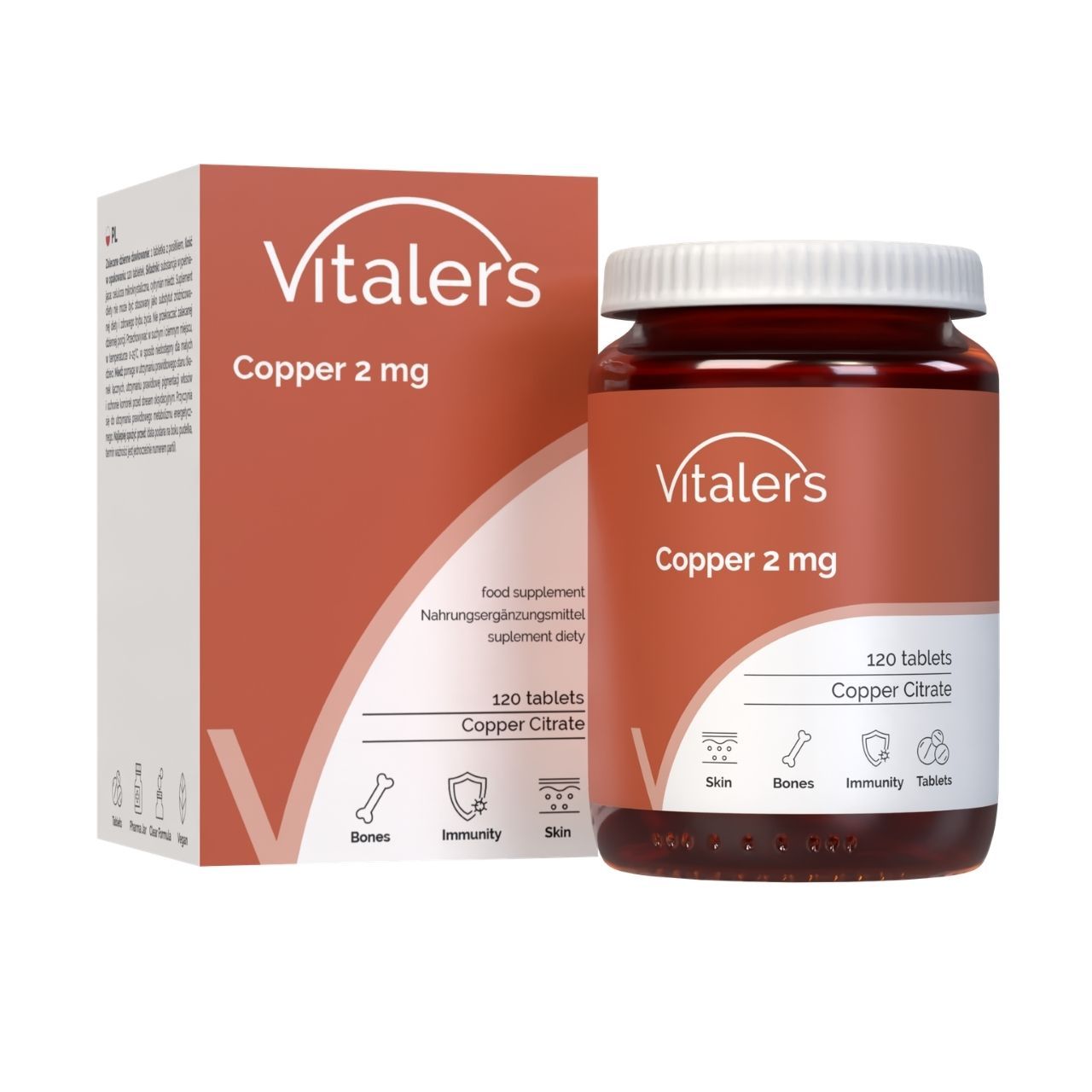 Vitaler's Kupfer 2 mg Nahrungsergänzungsmittel in Braunglasflasche mit weißem Deckel, daneben die Verpackung.