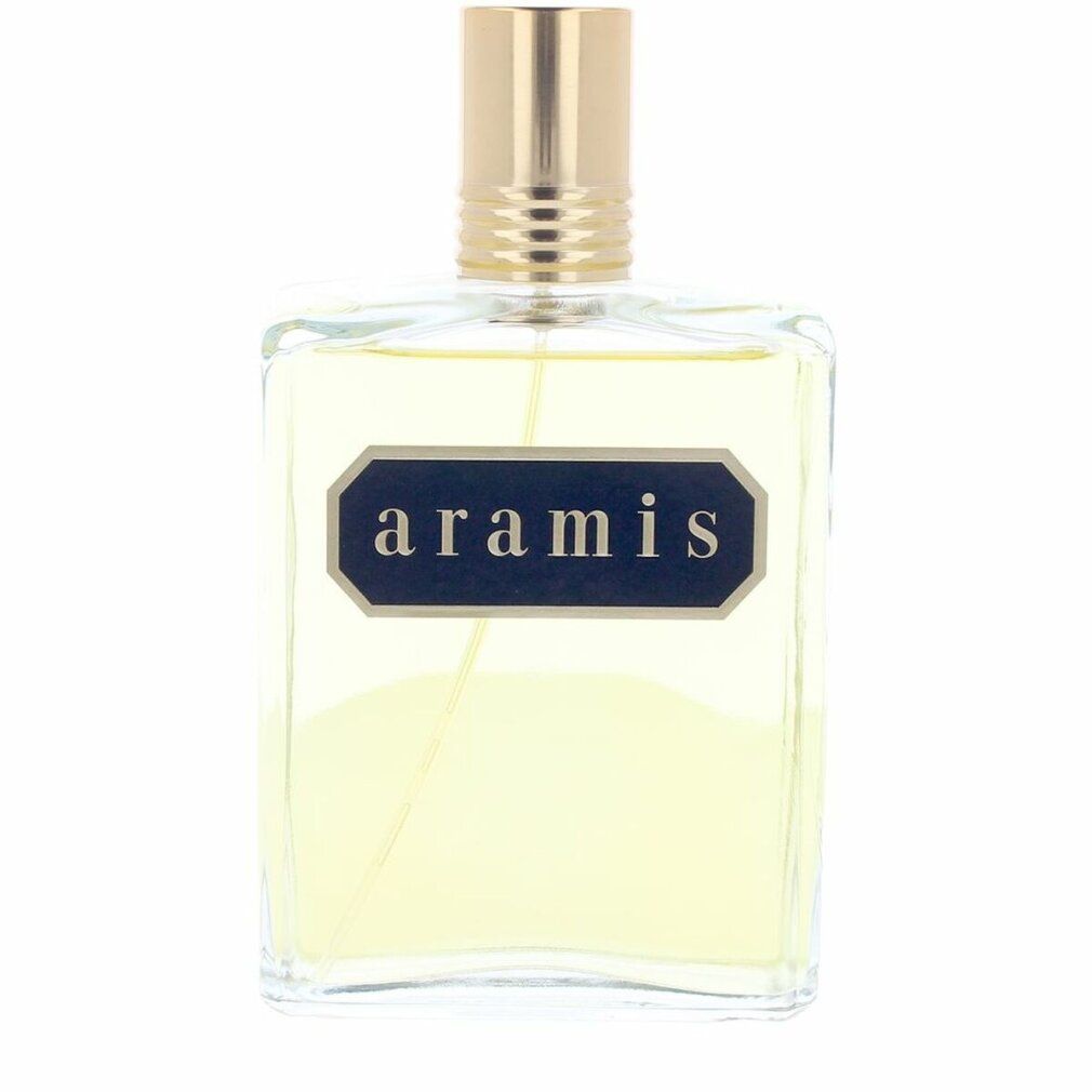 Aramis Classic Eau de Toilette-Flakon. Rechteckige Glasflasche mit goldfarbenem Deckel und Logo.
