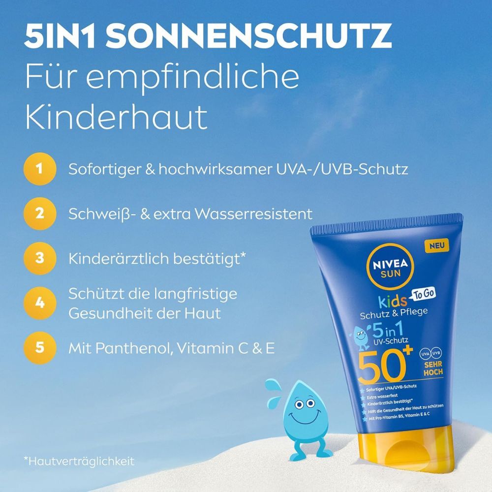 Blaue Tube Sonnencreme. Aufschrift: NIVEA SUN Kids, 5in1, LSF 50. Text: Sofortiger UVA-/UVB-Schutz, schweiß- und wasserresistent, kinderärztlich bestätigt.