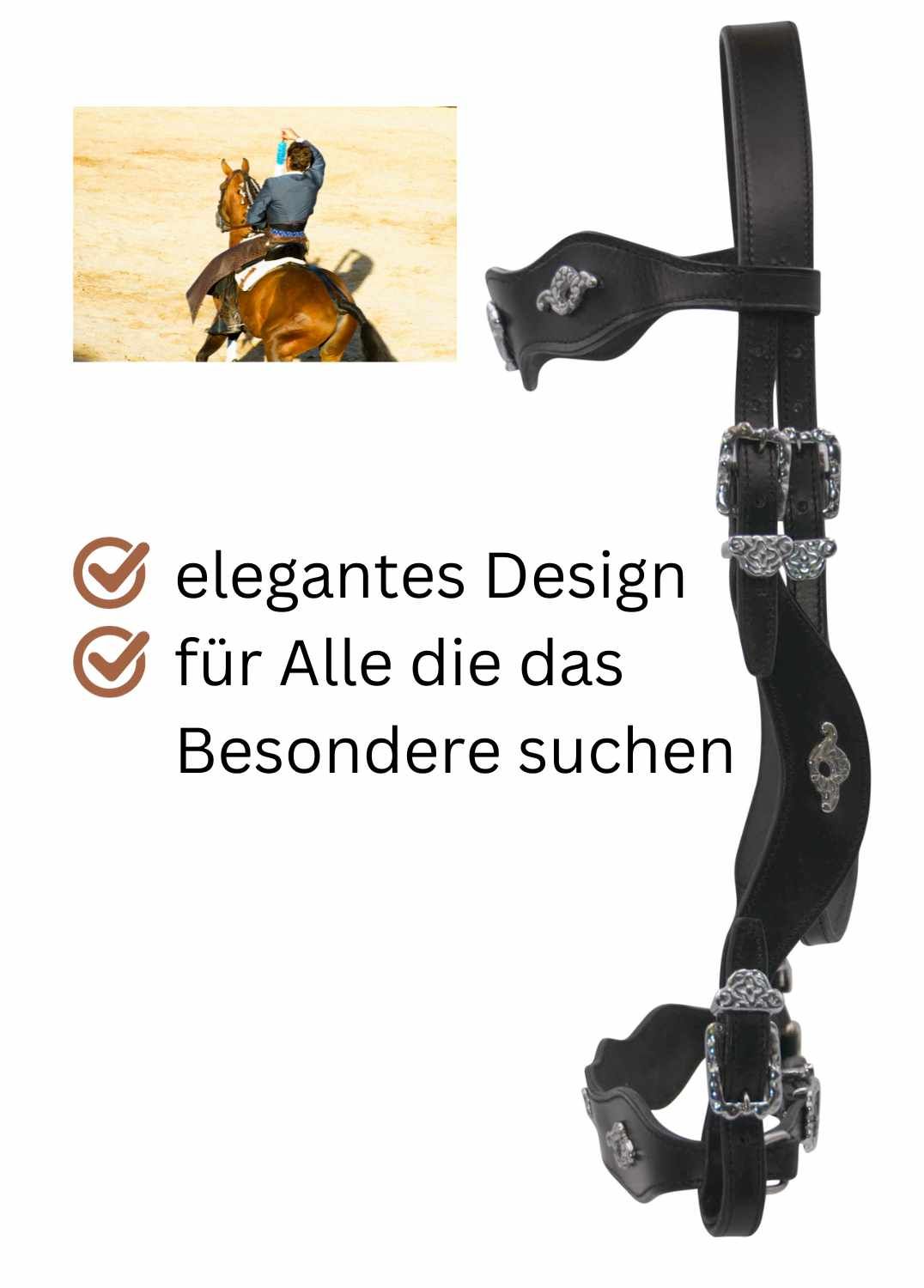 Trense mit elegantem Design. Text: elegantes Design für Alle die das Besondere suchen.