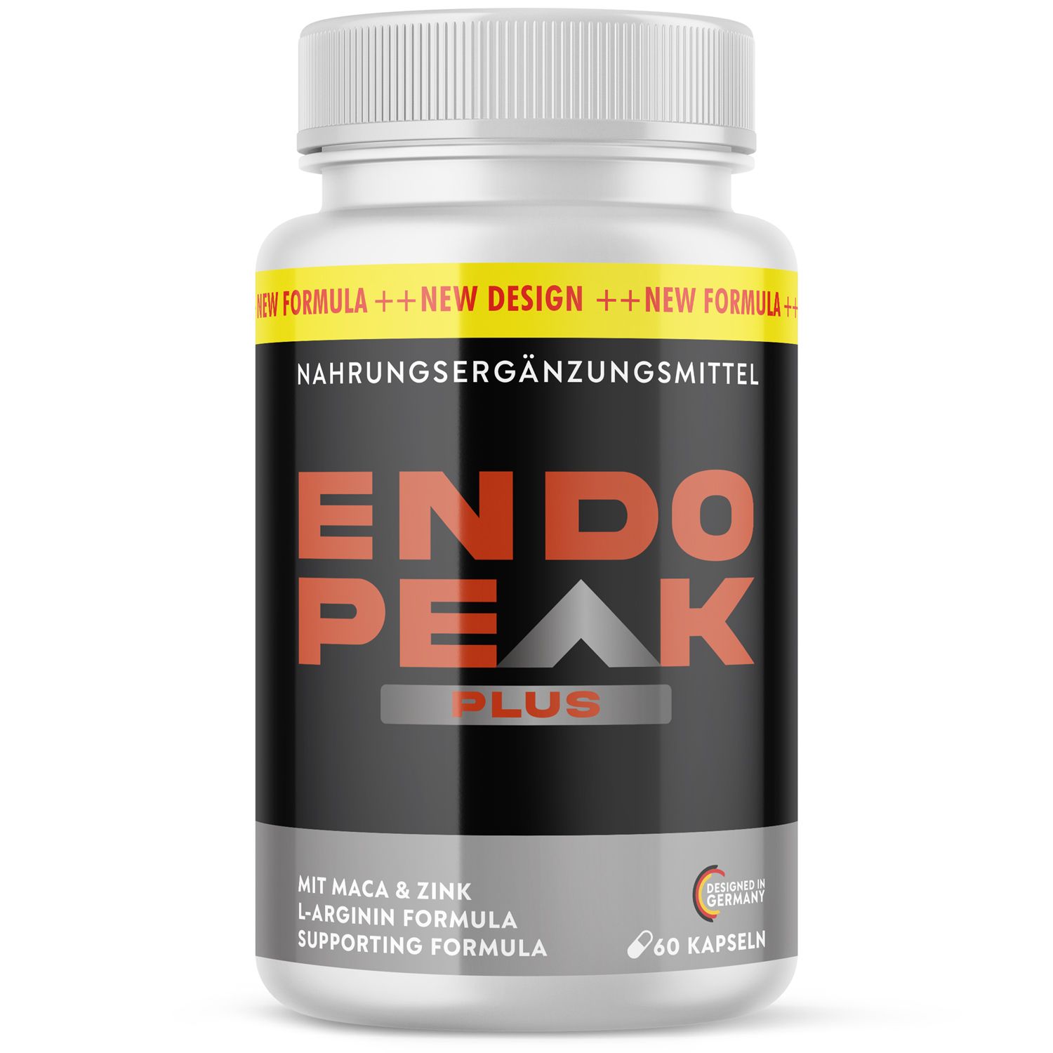 Weiße Flasche mit gelbem Etikett. Aufschrift: ENDO PEAK PLUS. Enthält 60 Kapseln. Mit Maca & Zink, L-Arginin Formel. Hergestellt in Deutschland.