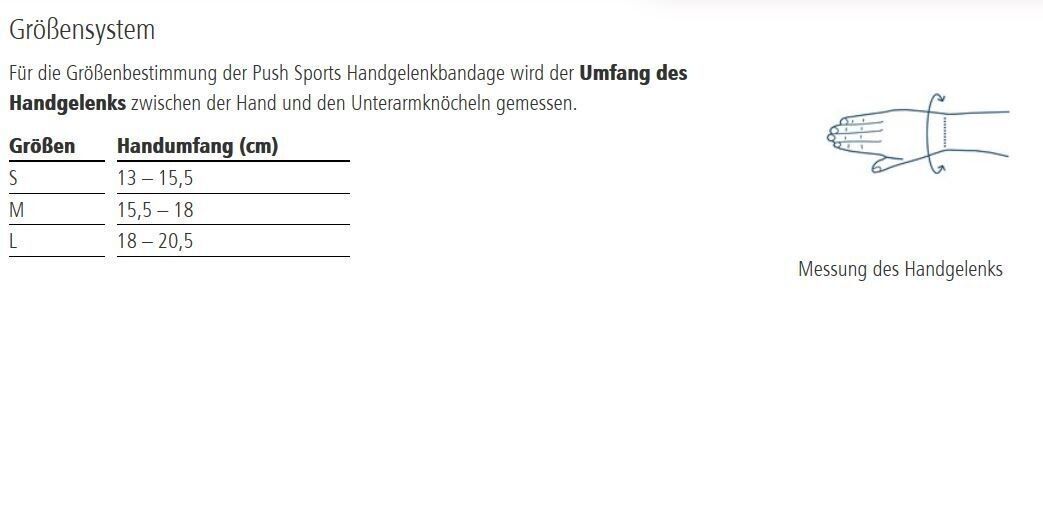 Größentabelle für Handgelenkbandage. Größen S, M, L. Handumfang in cm. Illustration der Messung des Handgelenks.