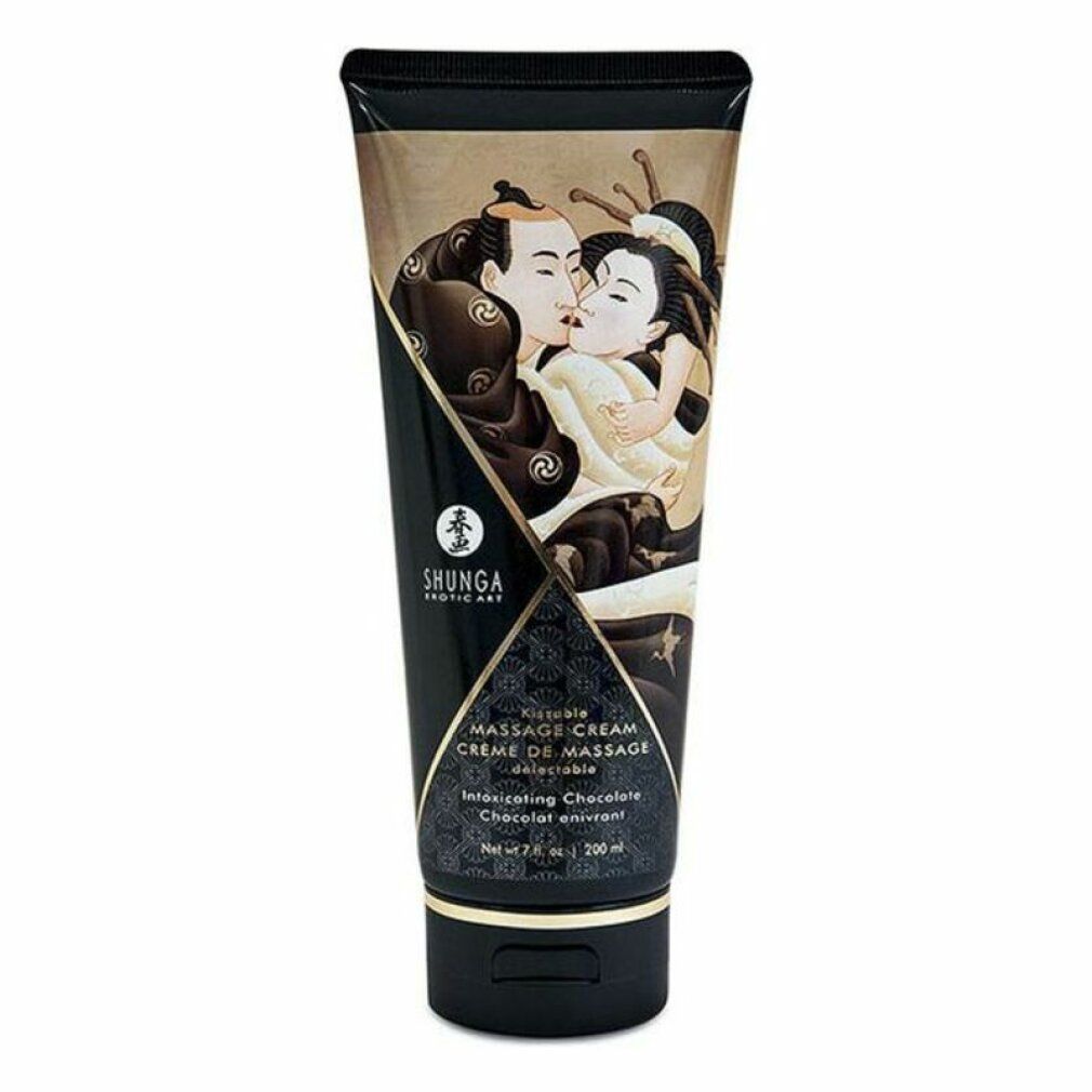 Massagecreme in schwarzer Tube mit Schokoladenmotiv und asiatischem Paar.