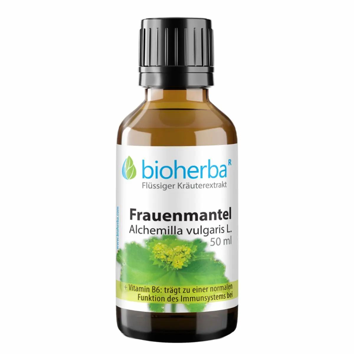 Braune Glasflasche mit schwarzem Deckel. Etikett mit Produktnamen, Logo und Inhaltsangaben. "Frauenmantel Alchemilla vulgaris L."