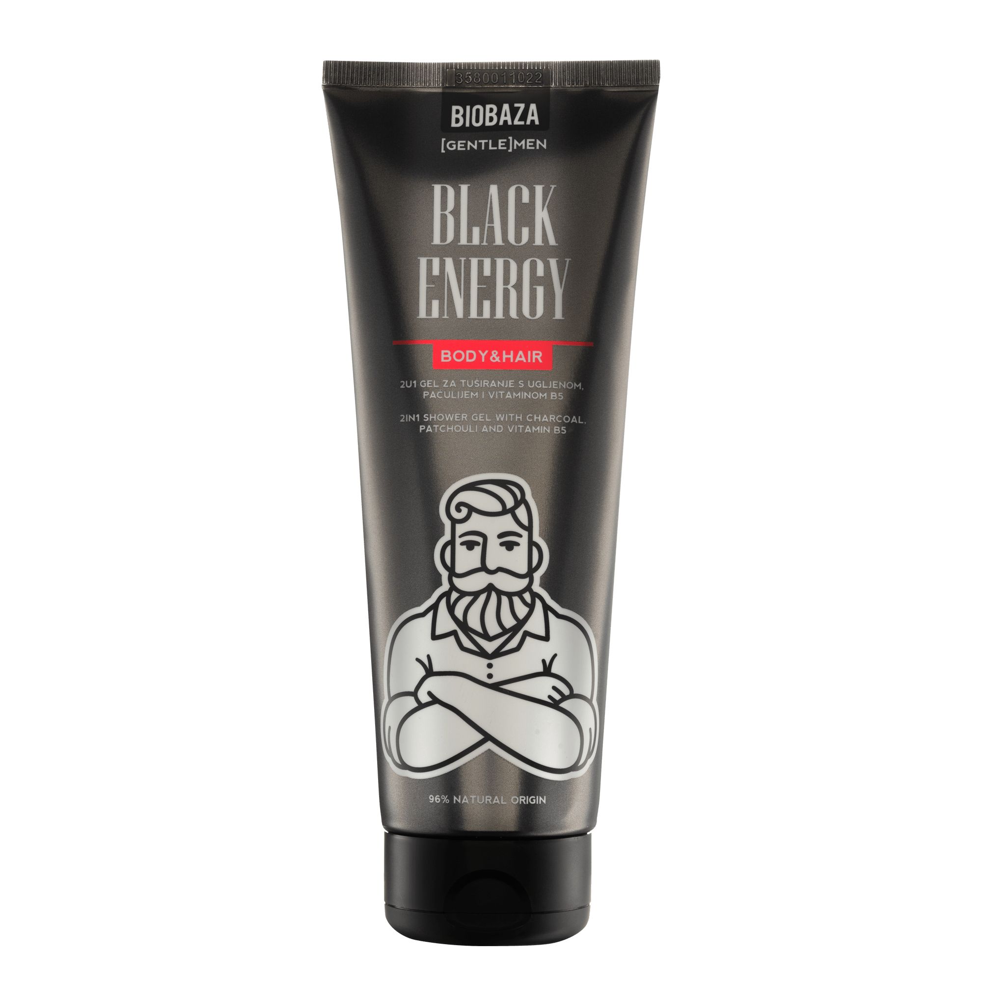 Schwarze Tube mit "BLACK ENERGY"-Aufdruck. Illustration eines Mannes mit Bart. Weißer Hintergrund.