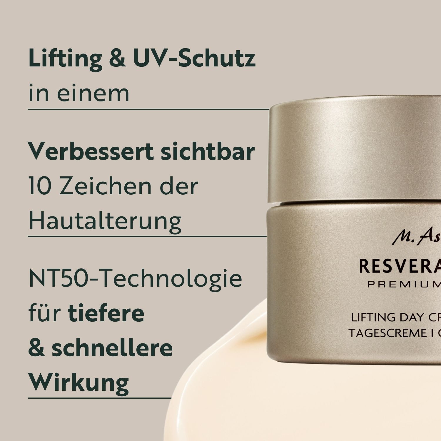 Produkt-Detailansicht. Text: Lifting & UV-Schutz in einem. Verbessert sichtbar 10 Zeichen der Hautalterung. NT50-Technologie für tiefere & schnellere Wirkung.