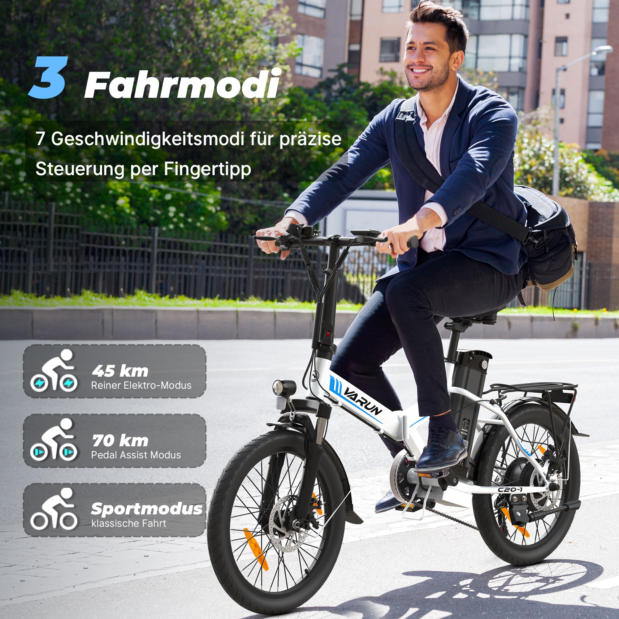 Mann fährt E-Bike VARUN C20-1. 3 Fahrmodi. 7 Geschwindigkeitsmodi. 45 km Elektro-Modus. 70 km Pedal Assist Modus. Sportmodus.