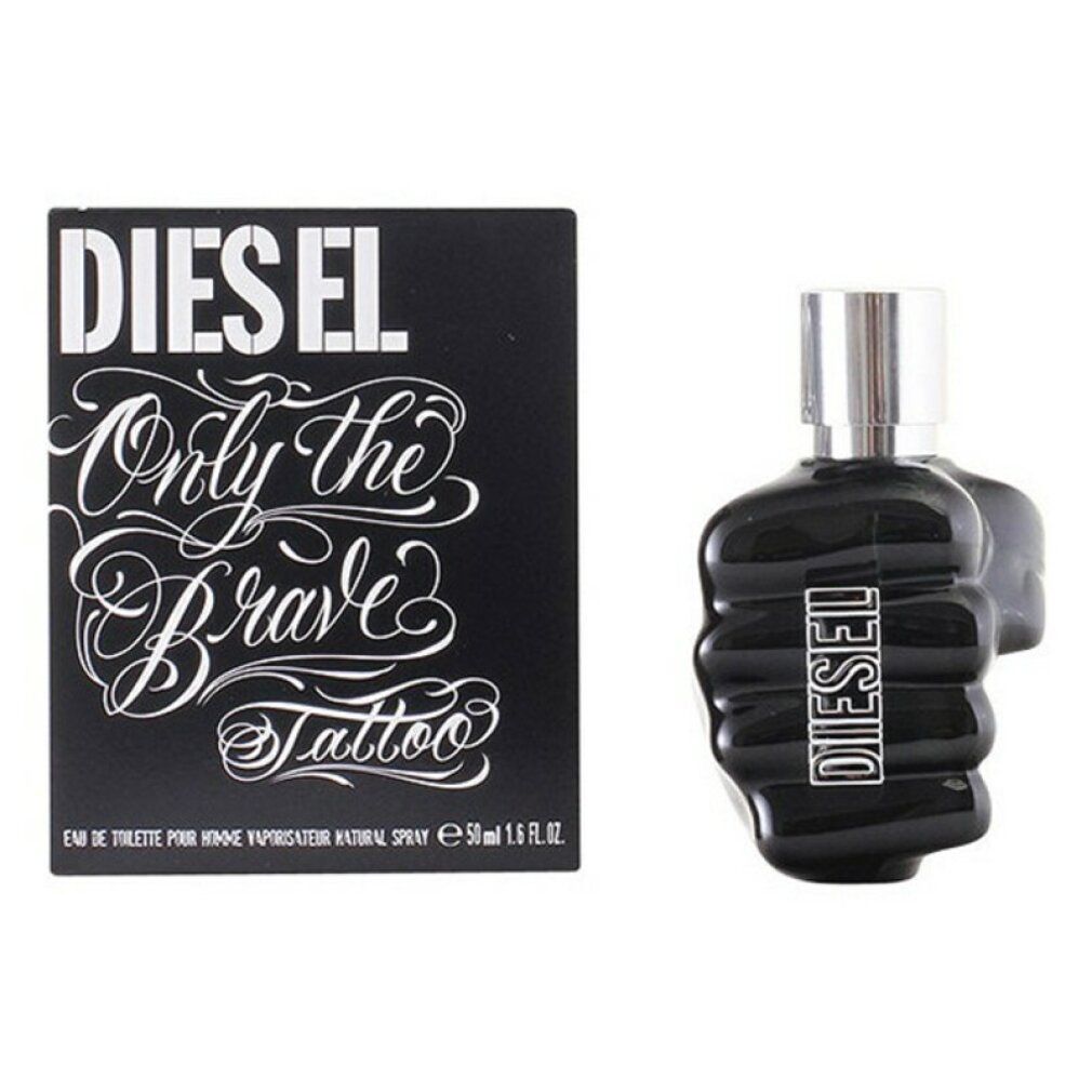 Schwarzer Flakon in Faustform und Schachtel. Aufschrift: DIESEL Only the Brave Tattoo. Eau de Toilette.
