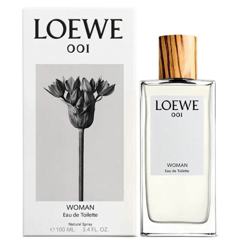 LOEWE 001 WOMAN Eau de Toilette Flasche und Verpackung mit Blumenmotiv.