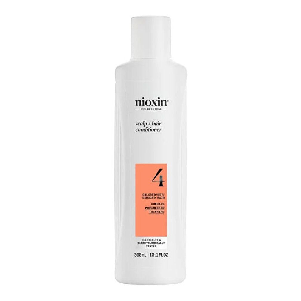 Weiße Flasche mit Nioxin-Logo und Aufschrift "scalp + hair conditioner". Orangefarbenes Etikett mit "4". Für coloriertes Haar.