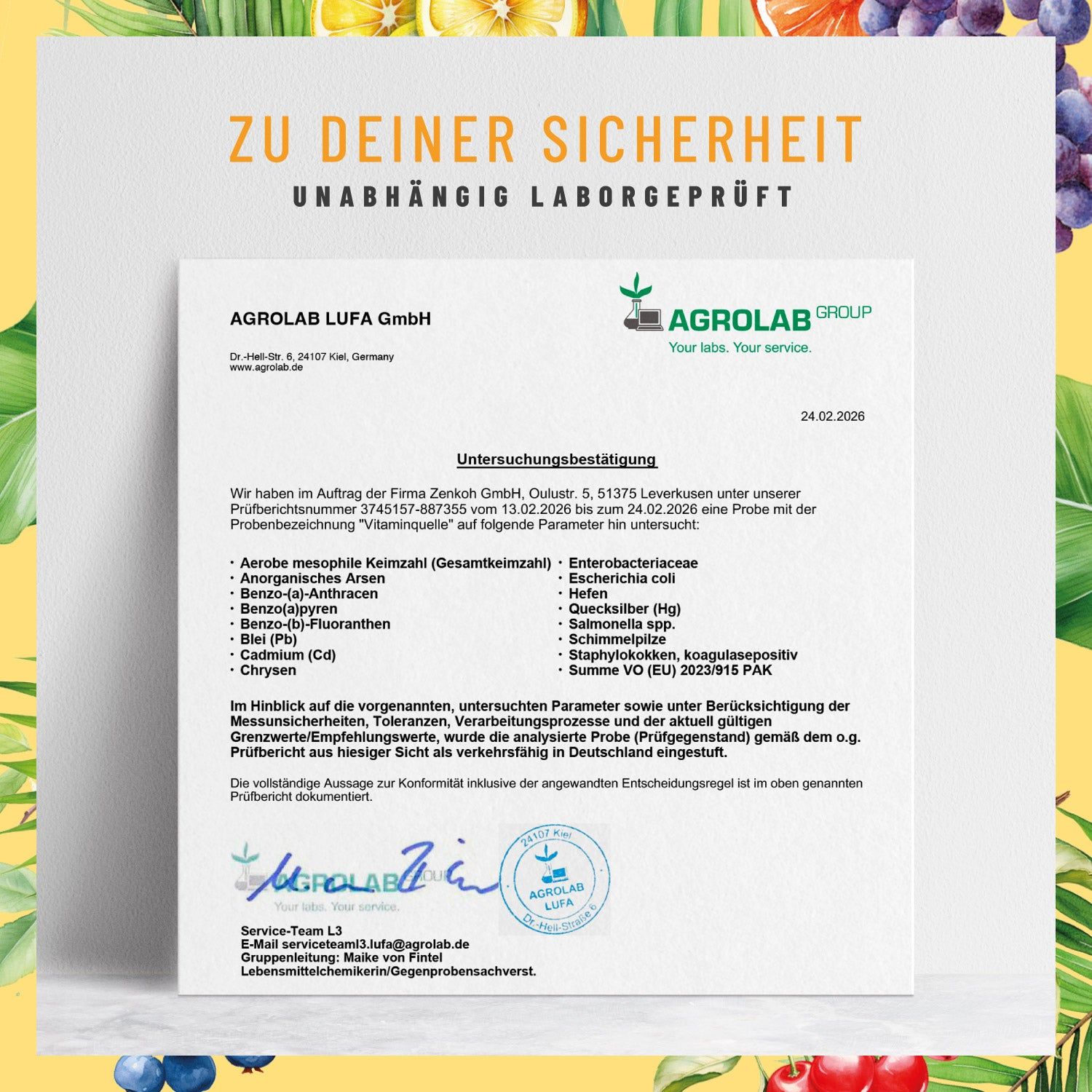 Zertifikat von Agrolab LUFA GmbH. Text: Unabhängig laborgeprüft. Untersuchungsergebnis für Vitamin Quelle. Unterschriften und Stempel.