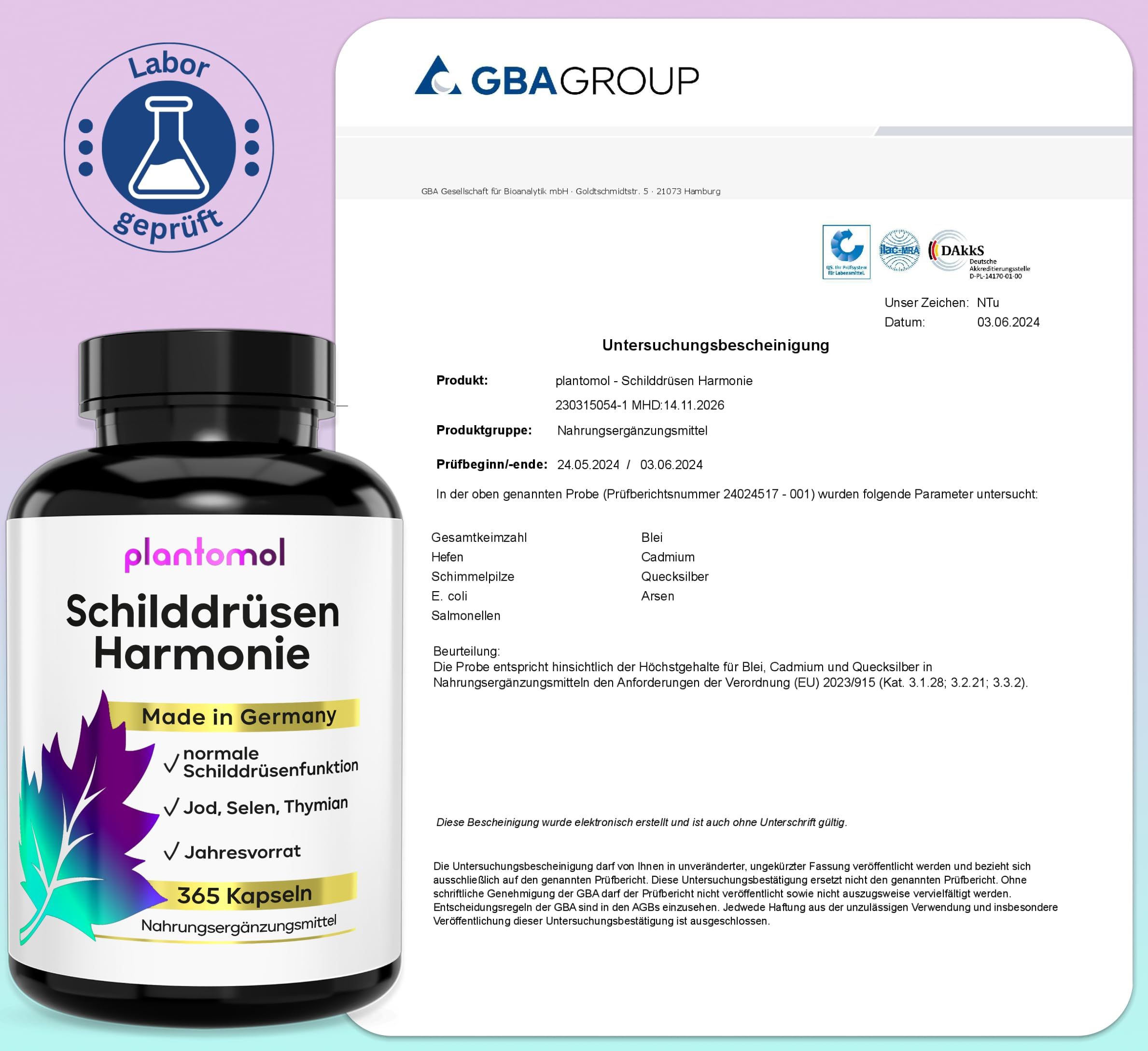 Braune Kapsel-Dose mit Etikett: plantomol Schilddrüsen Harmonie. Labor geprüft. GBA Group Zertifikat. Enthält Jod, Selen, Thymian. 365 Kapseln. Made in Germany.
