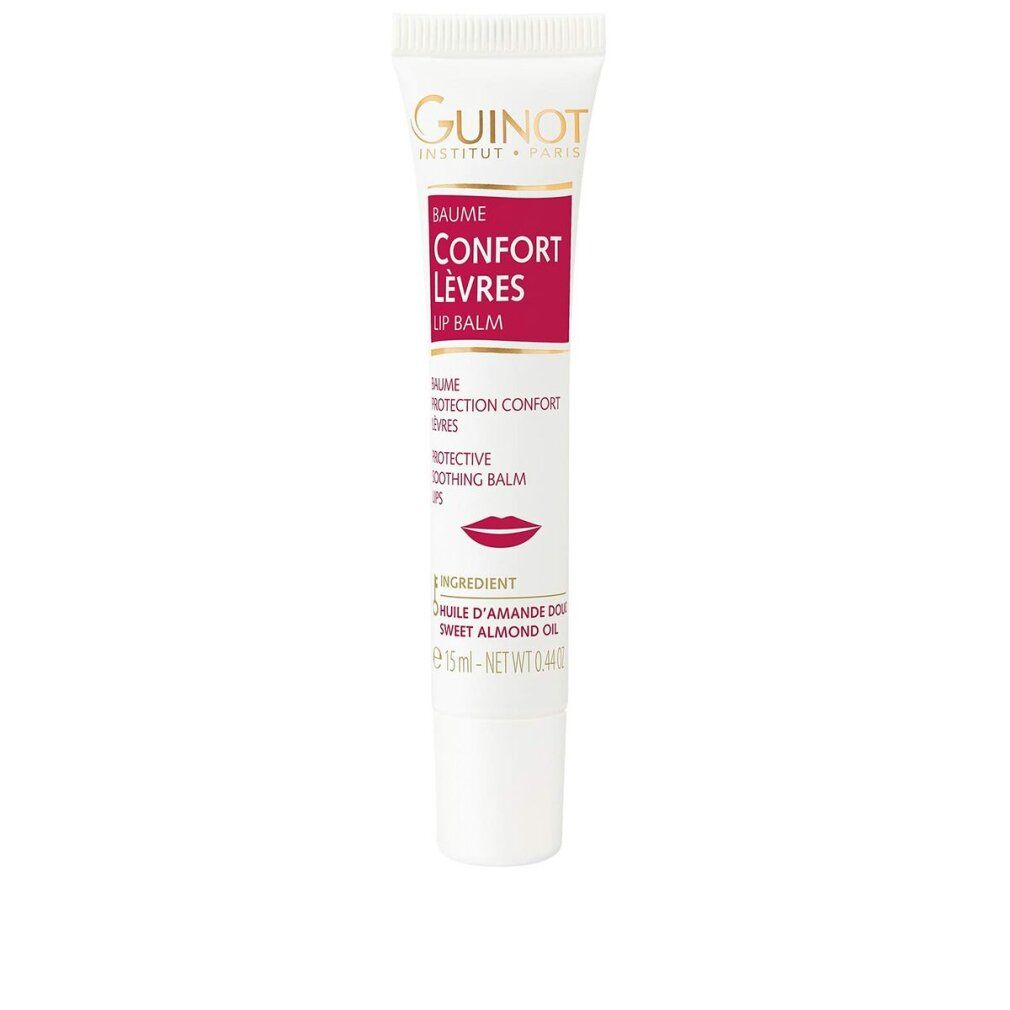 Guinot Confort Lèvres Lip Balm. Weiße Tube mit pinkfarbenem Etikett. Text: Confort Lèvres, Protective Soothing Balm. 15ml.