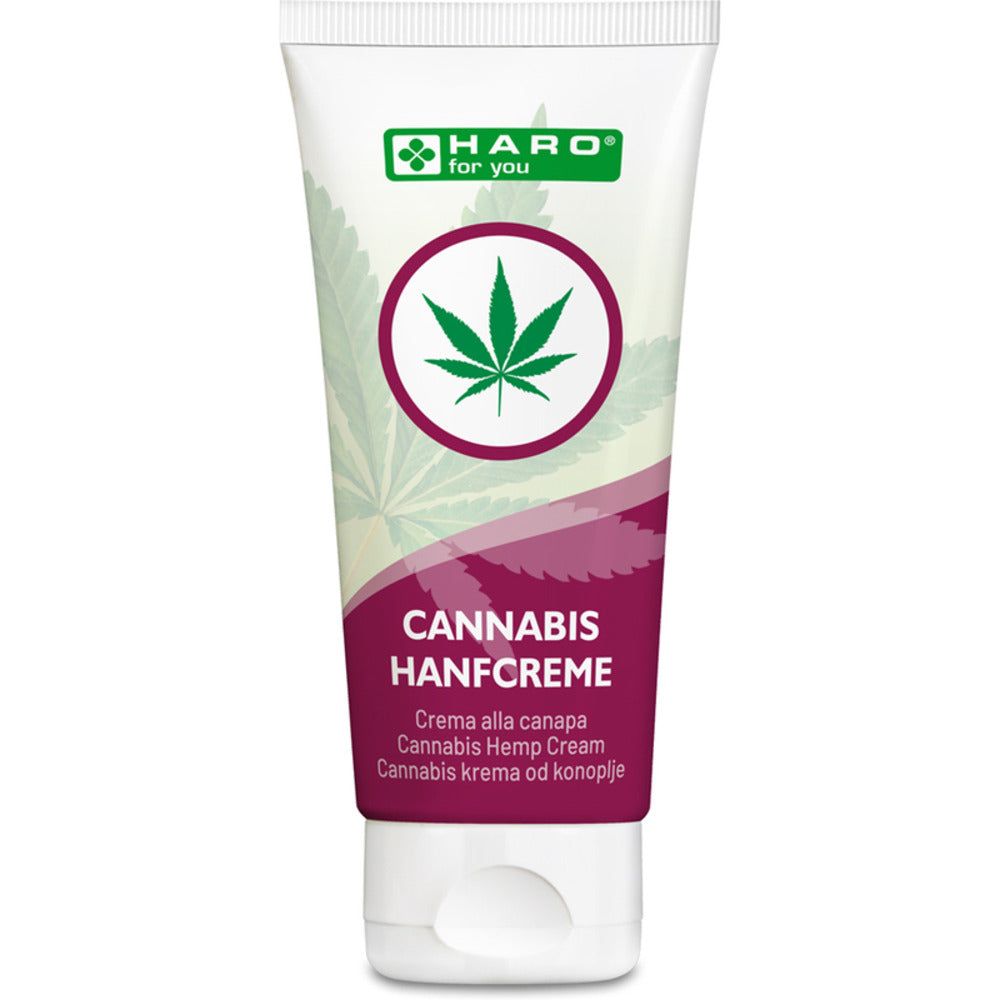 Creme-Tube mit Logo und Hanfblatt-Symbol. Text: Cannabis Hanfcreme, weitere Sprachen. Marke: HARO for you.