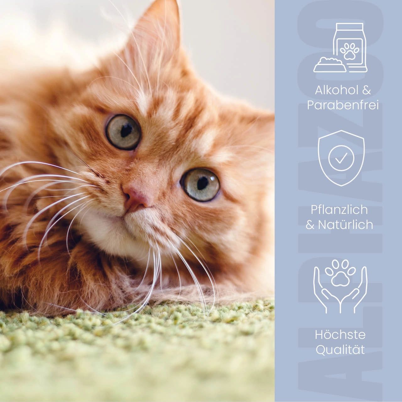 Katze liegt auf grünem Teppich. Text: Alkohol- und parabenfrei, pflanzlich & natürlich, höchste Qualität.