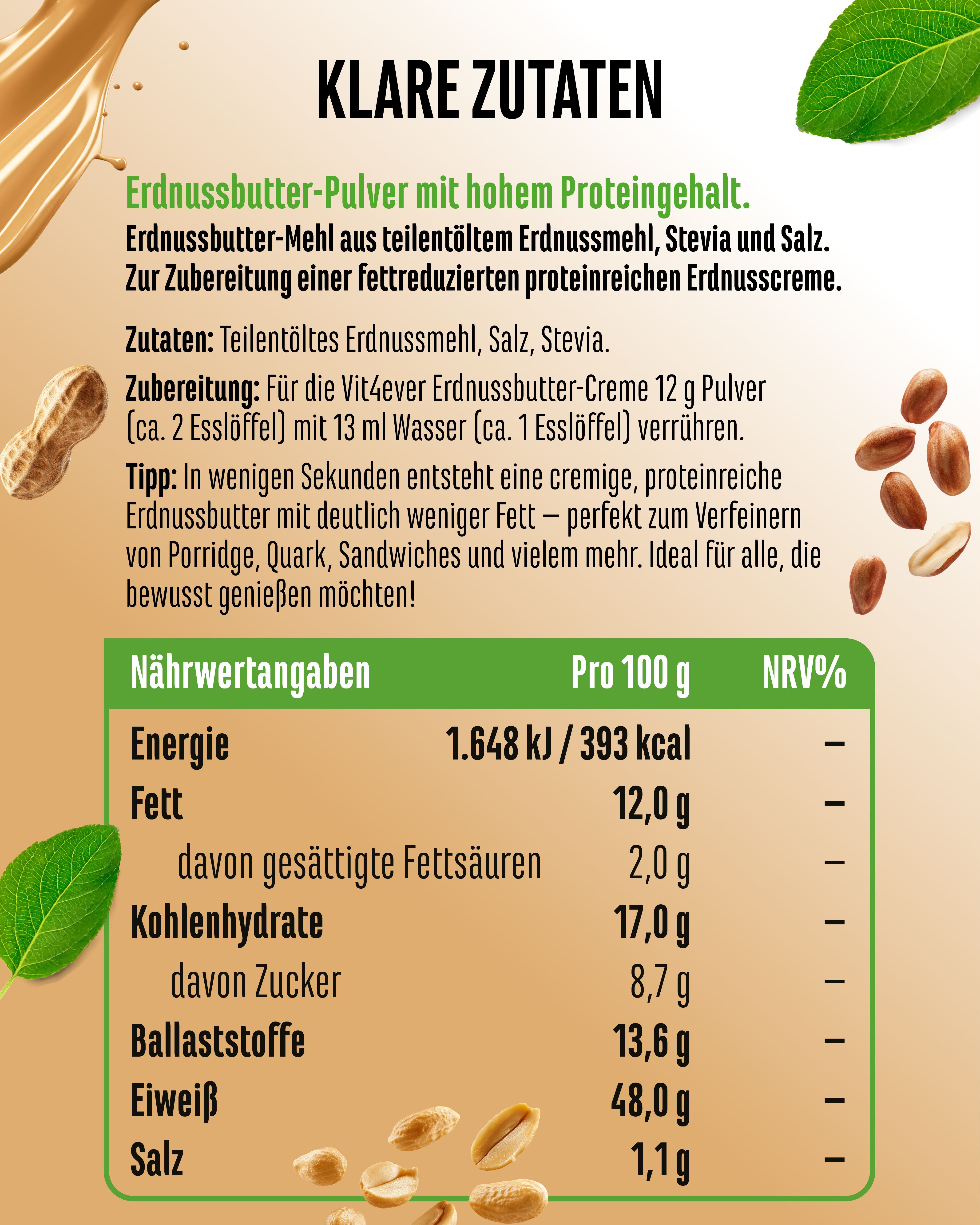 Nährwertangaben für vit4ever Erdnussbutter-Pulver. Angaben pro 100g: Energie, Fett, gesättigte Fettsäuren, Kohlenhydrate, Zucker, Ballaststoffe, Eiweiß, Salz.