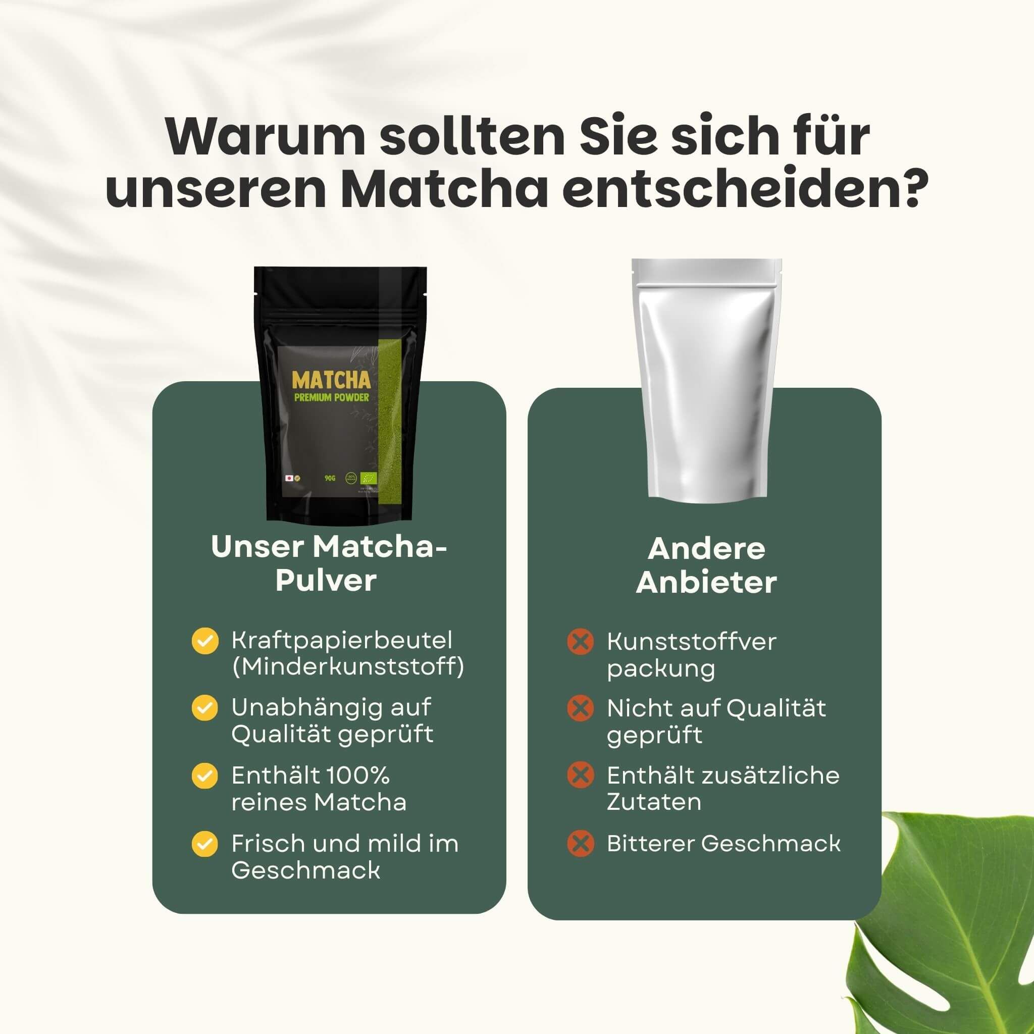 Vergleich: Unser Matcha-Pulver vs. andere Anbieter. Unser: Kraftpapierbeutel, 100% rein, Qualität.