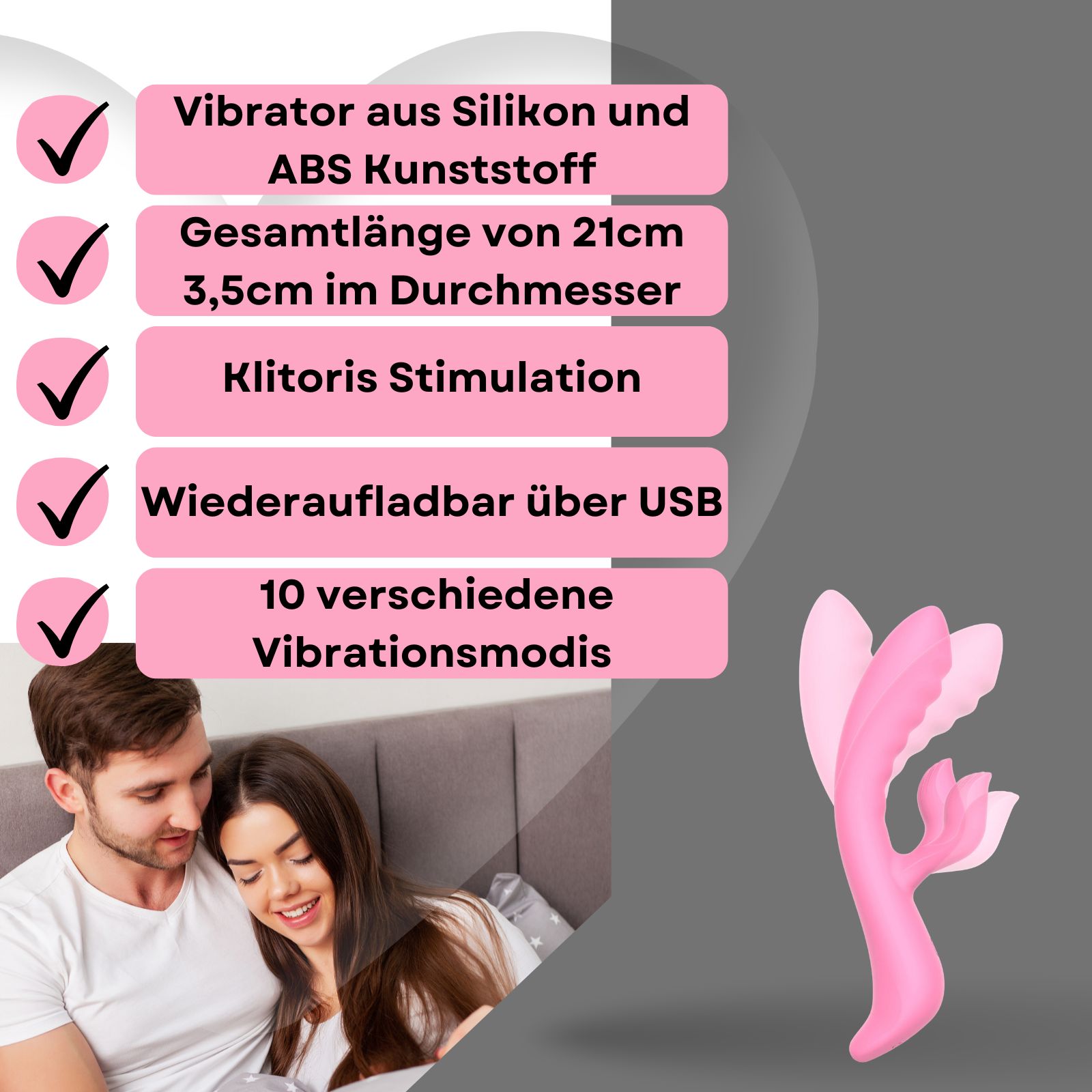 Rosa Vibrator. Silikon und ABS. 21cm lang, 3,5cm Durchmesser. Paar im Hintergrund. Auf Podest. 10 Vibrationsmodi.