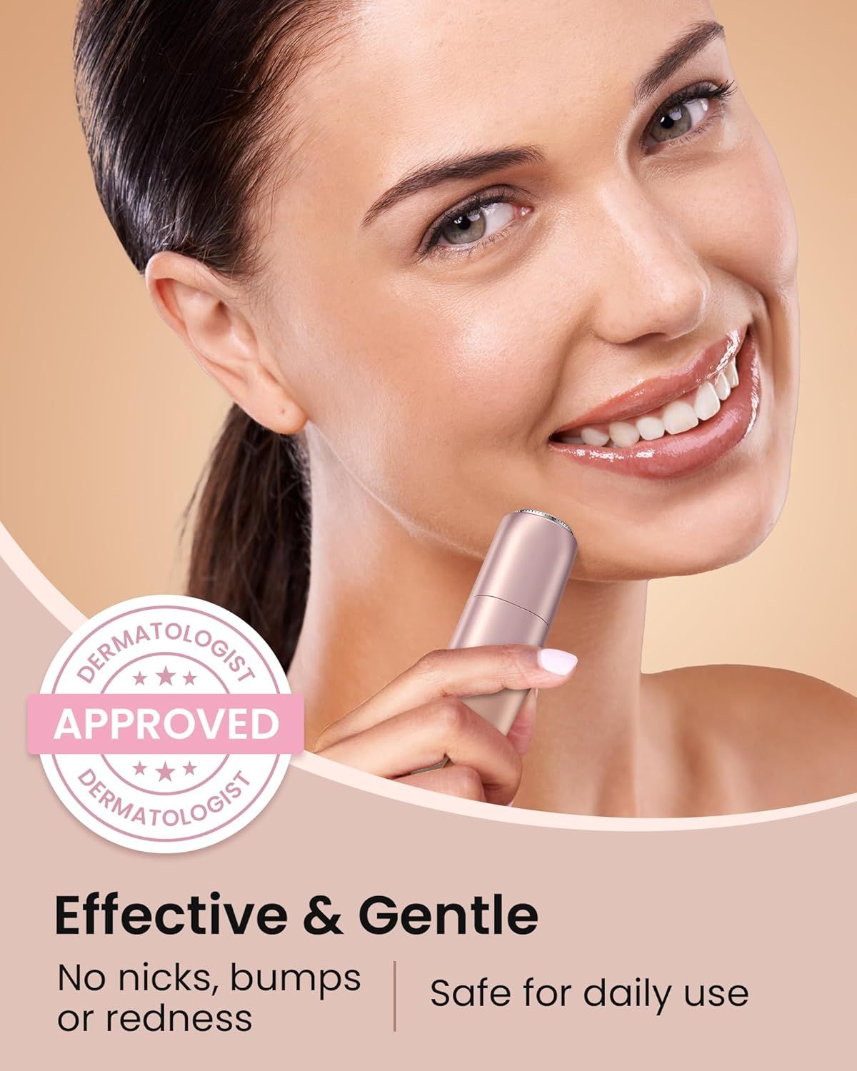 Rosafarbener Gesichtshaarentferner. Dermatologisch geprüft. Text: Effektiv & Sanft, keine Rötungen. Sicher für den täglichen Gebrauch.