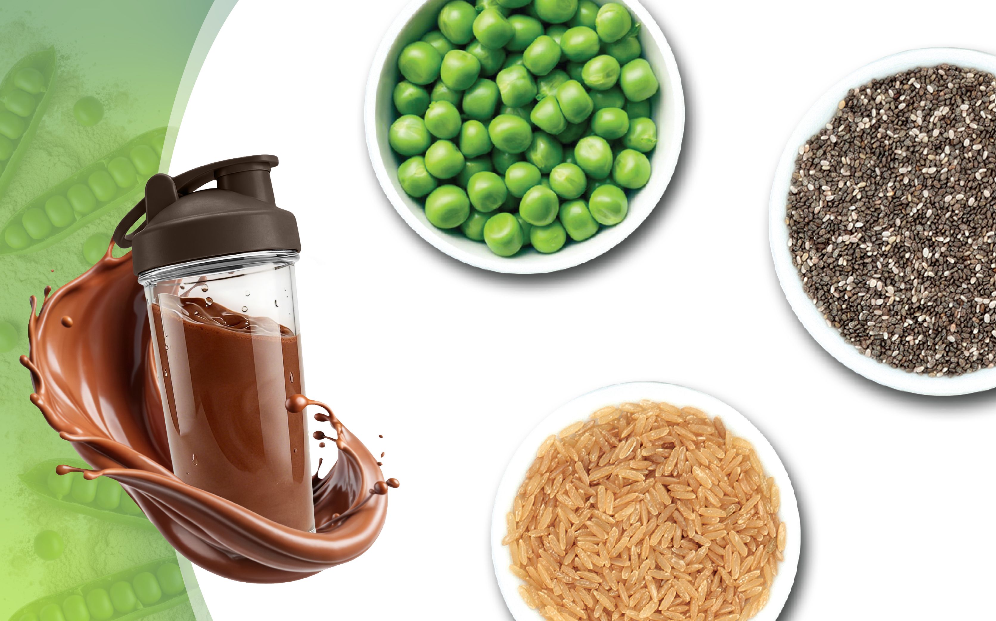 Schokoladen-Protein-Shake in einem Shaker, umgeben von Erbsen, Chiasamen und Reis.