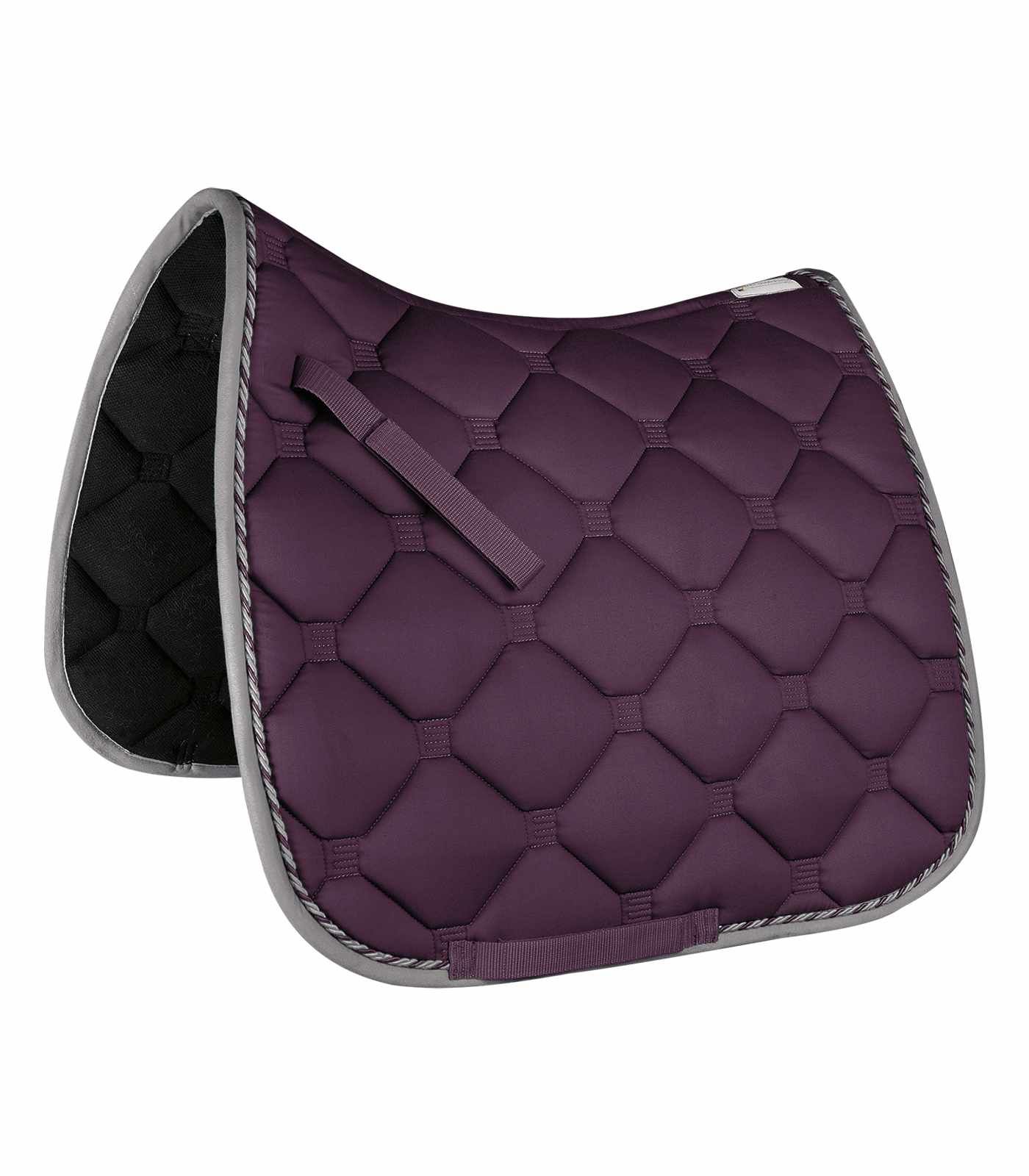 Violette Schabracke mit grauer Umrandung und Steppung. Schlaufen zur Befestigung am Sattel.