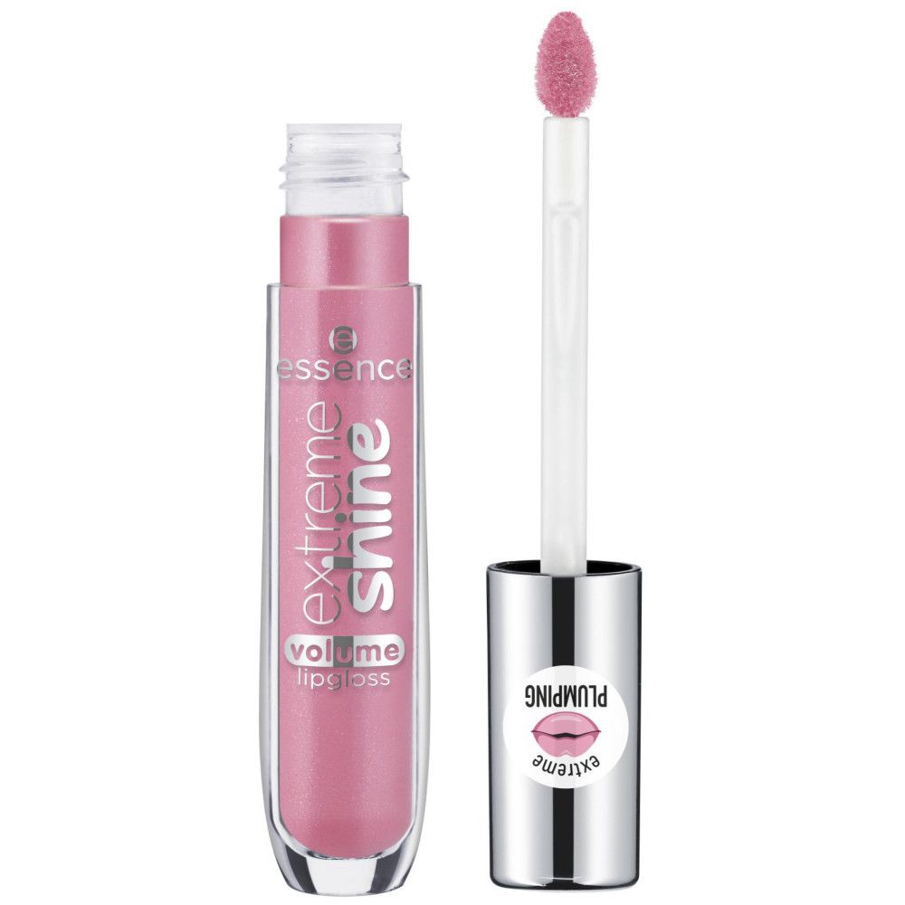 Geöffnete Lipgloss-Tube mit Applikator. Rosa Inhalt, Schriftzug "extreme shine volume lipgloss". Silberner Deckel mit Aufkleber "extreme plumping".