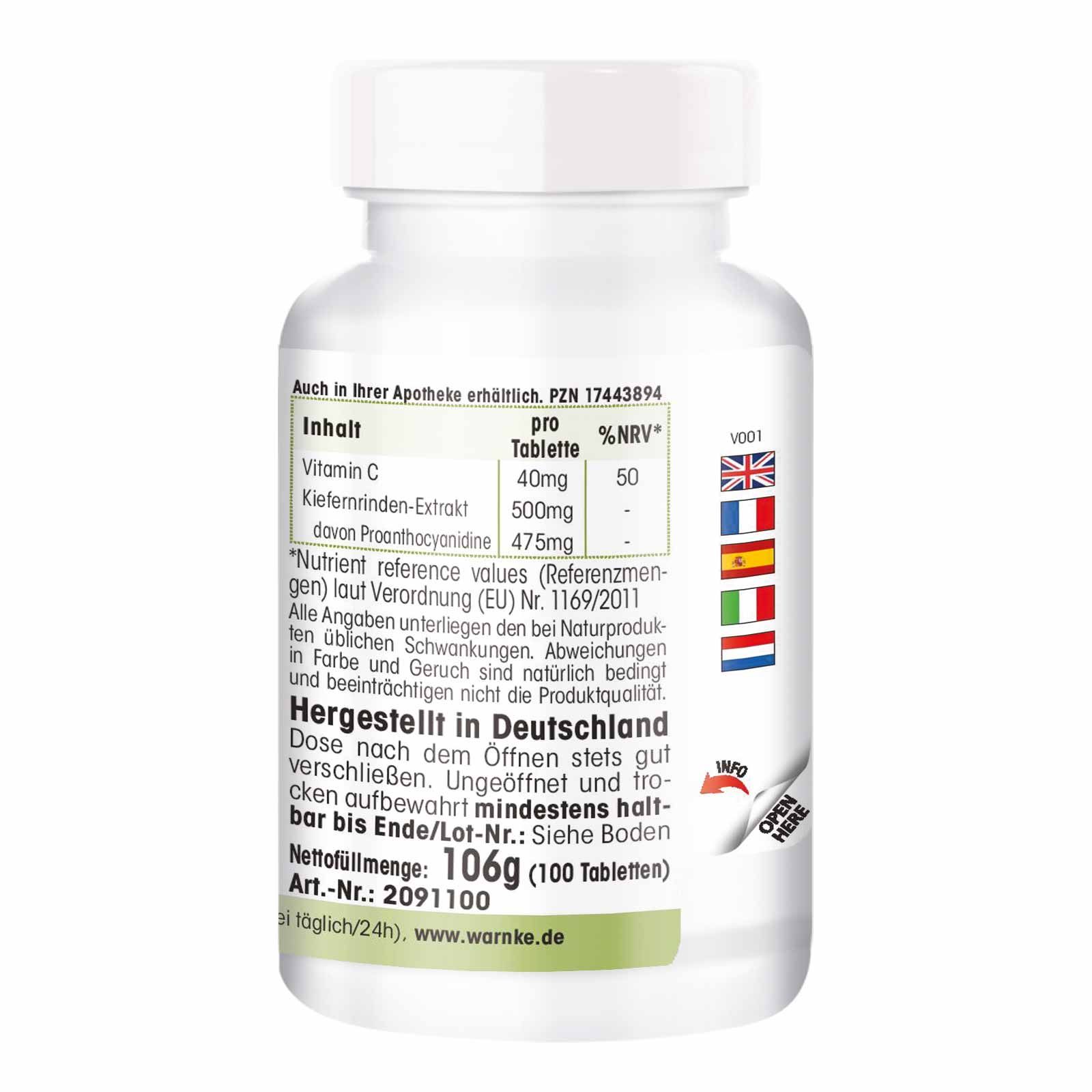 Rückseite der Tablettenflasche. Text mit Nährwertangaben und Haltbarkeitsdatum. Made in Germany.