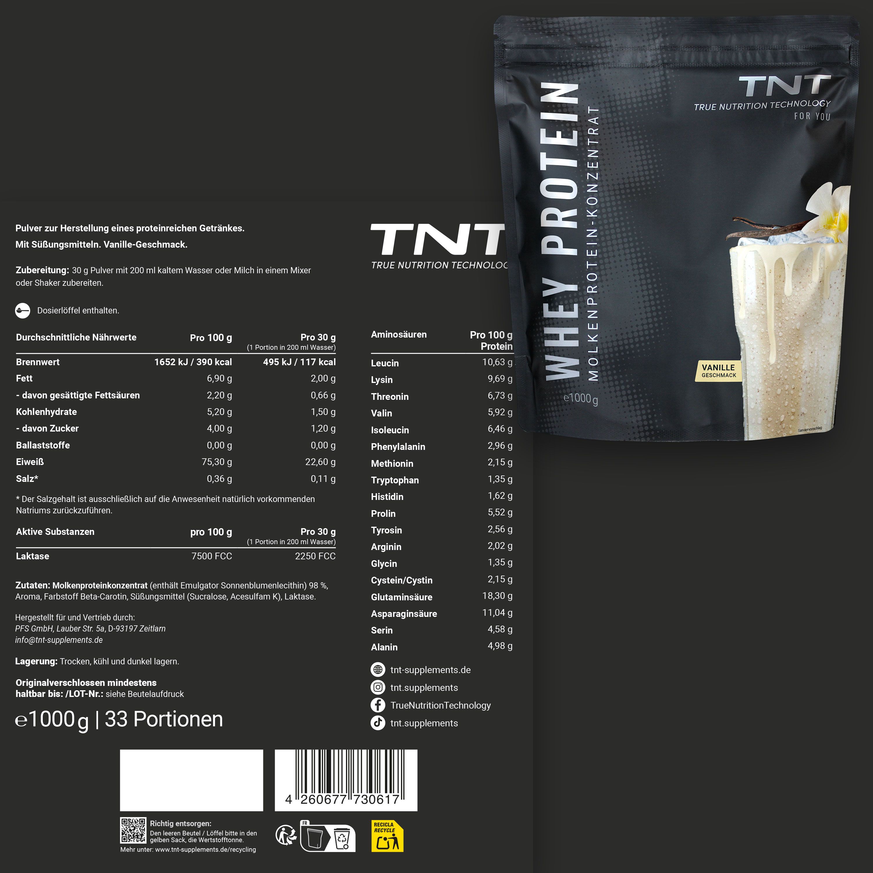 TNT Whey Protein Konzentrat Packung und Nährwerttabelle. Text: Nährwertangaben, Zutaten, Aminosäuren. Aufschrift: e1000g, 33 Portionen.