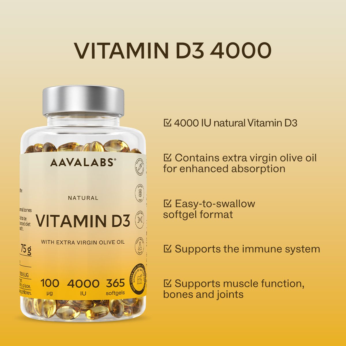 Flasche mit Vitamin D3. Text: 4000 IE, Olivenöl, Softgel-Format, unterstützt Immunsystem, Muskeln, Knochen.