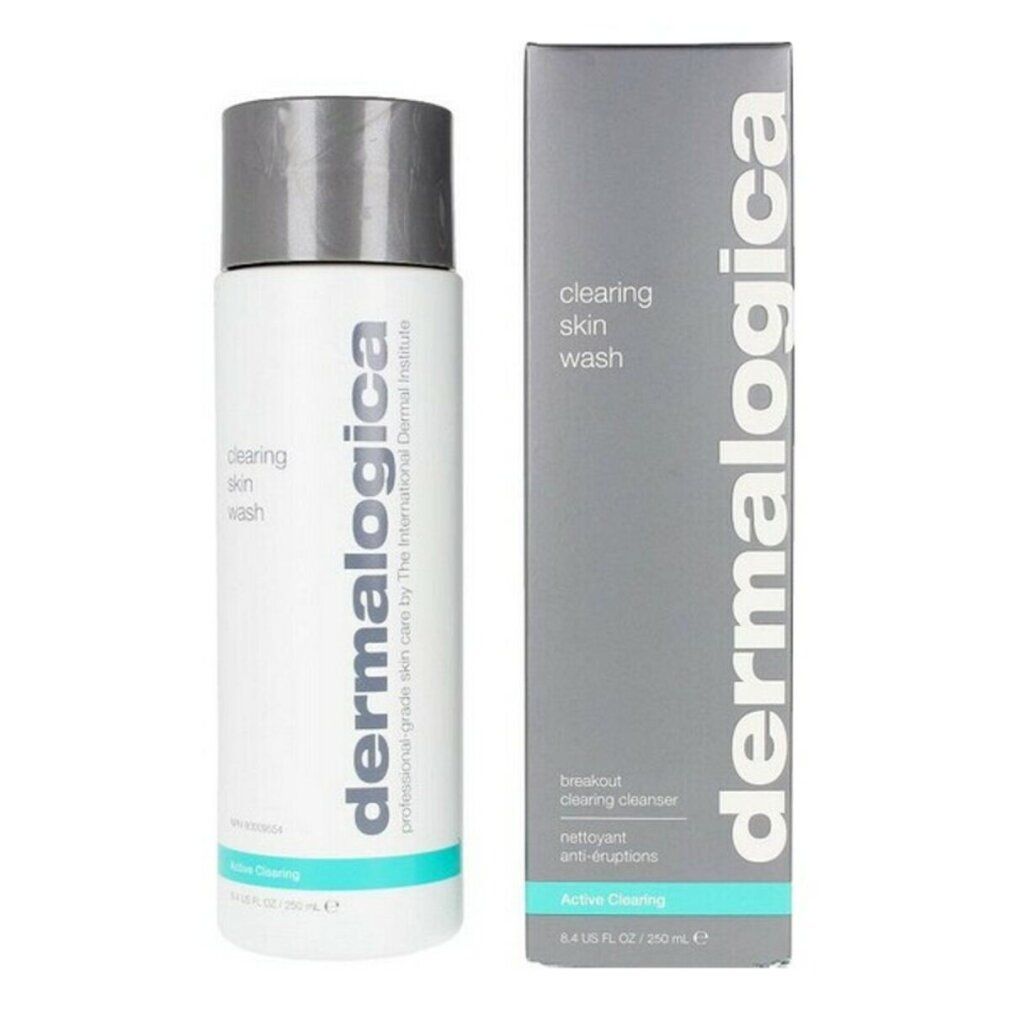 Dermalogica-Produkt und Verpackung. Aufschrift: clearing skin wash, Active Clearing, breakout clearing cleanser.