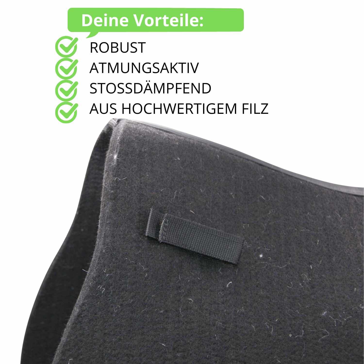 Ausschnitt einer schwarzen Satteldecke. Text: Robust, atmungsaktiv, stossdämpfend, aus hochwertigem Filz. Grüne Häkchen.