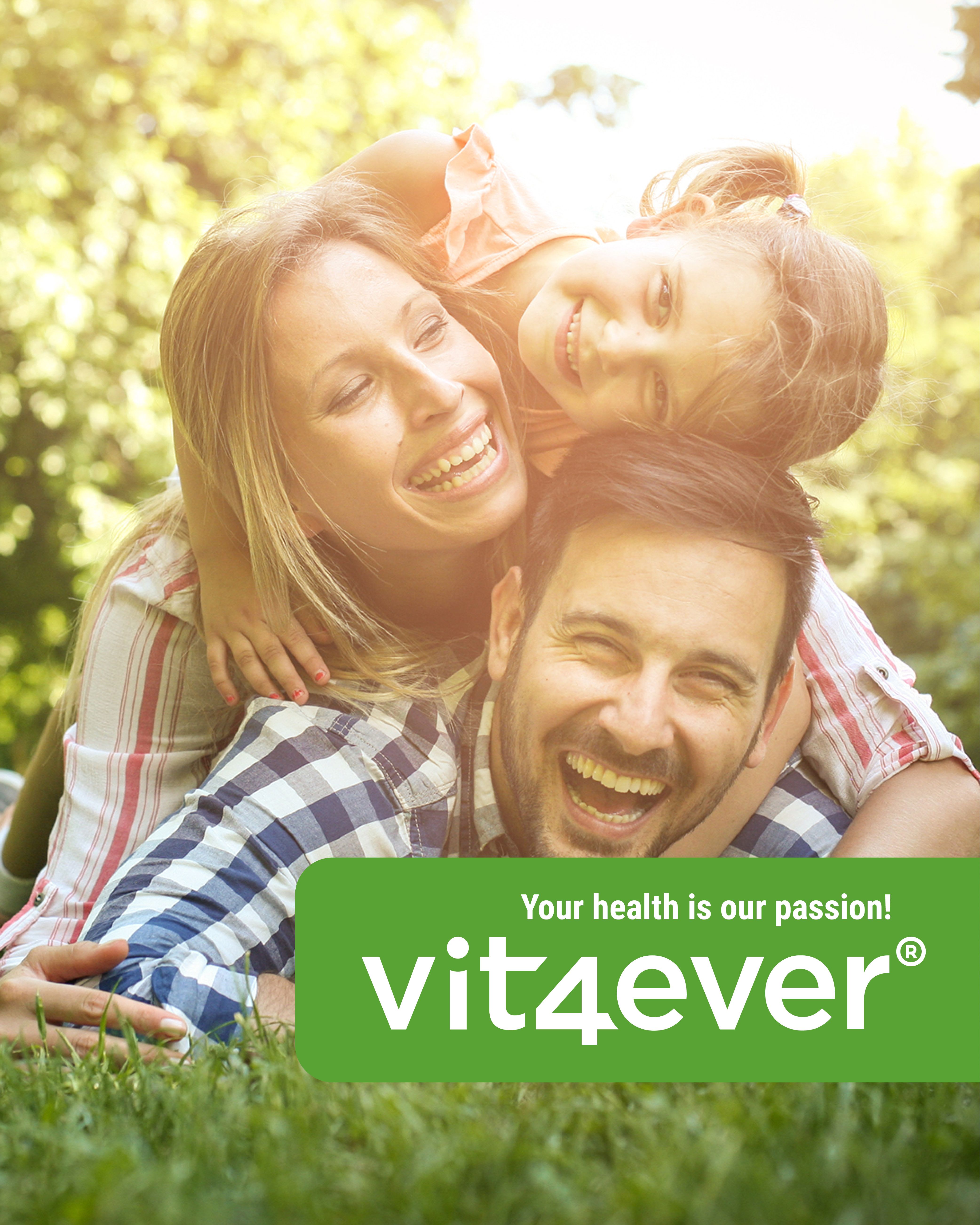 Logo von vit4ever auf grünem Hintergrund. Text: Your health is our passion!