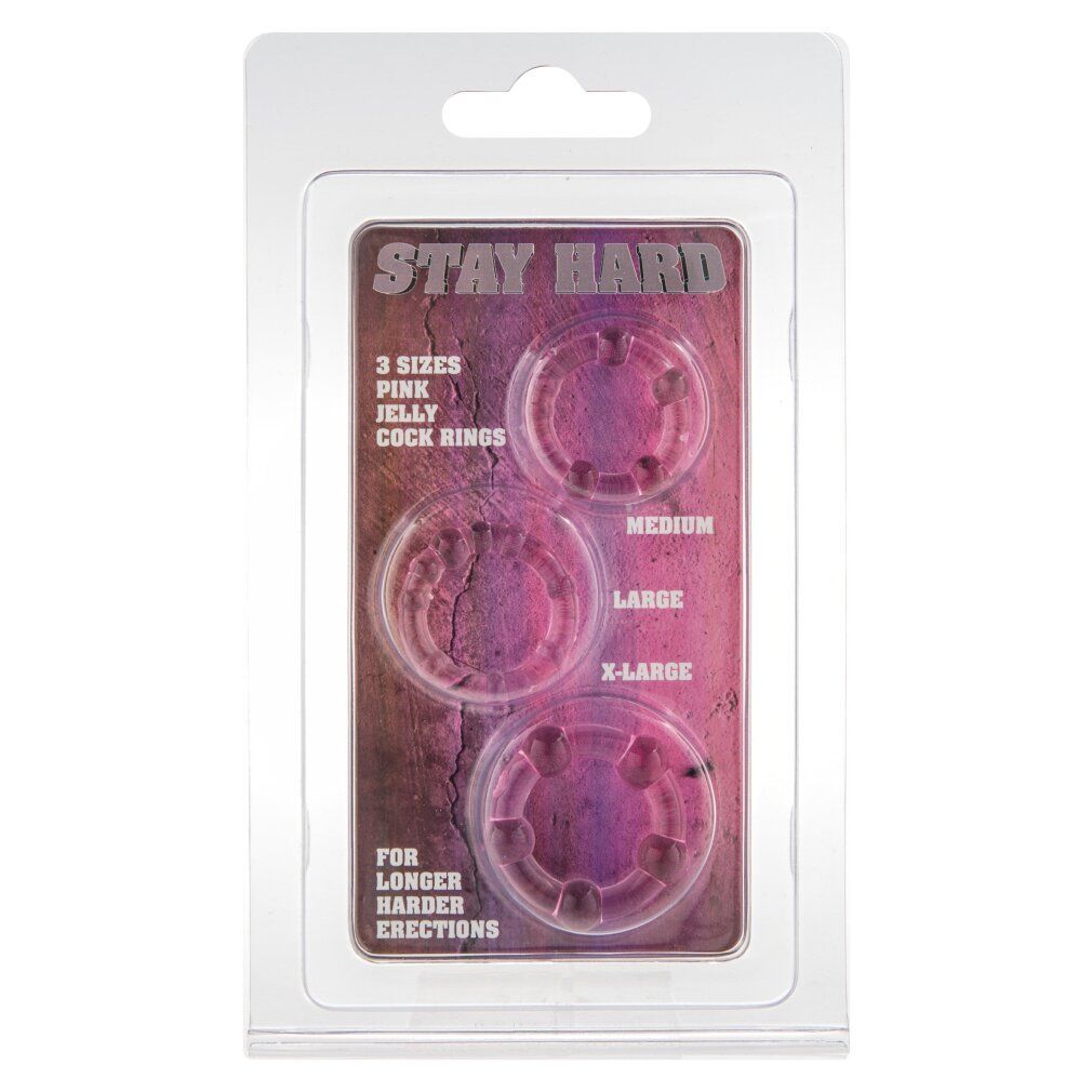 Drei Penisringe in Blisterverpackung. Aufschrift: STAY HARD, 3 Größen, Pink Jelly Cock Rings. Für längere, härtere Erektionen.