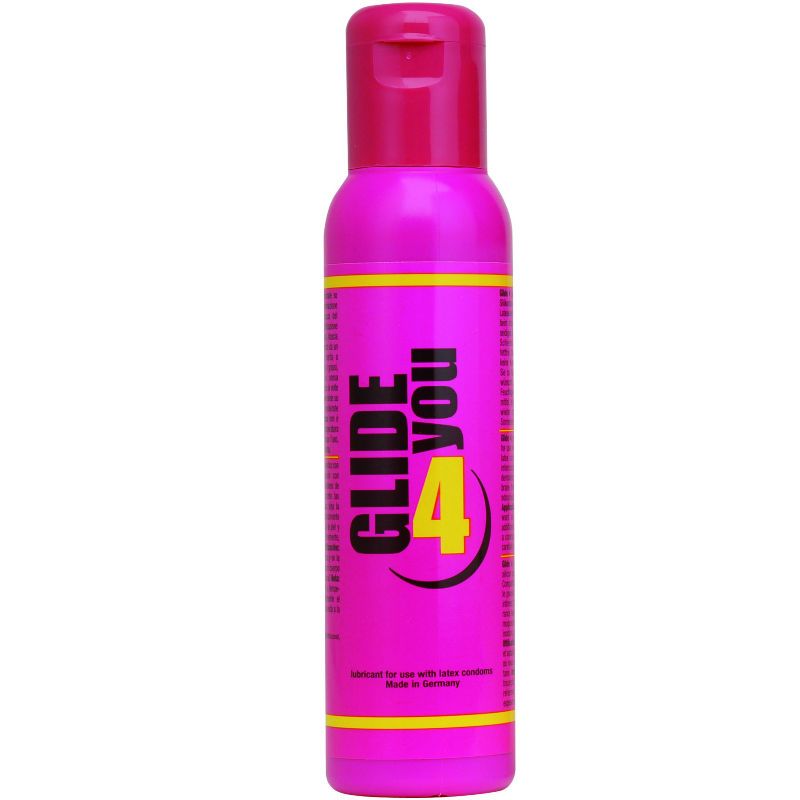 Flasche mit pinkfarbenem Gleitgel. Aufschrift "GLIDE YOU 4". Gelbe und pinkfarbene Akzente. Klappdeckel.