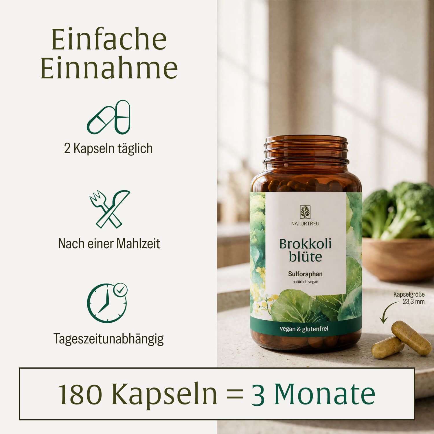 NATURTREU® Brokkoli Blüte: Flasche mit Kapseln, daneben Kapselgröße und Einnahmeempfehlung.