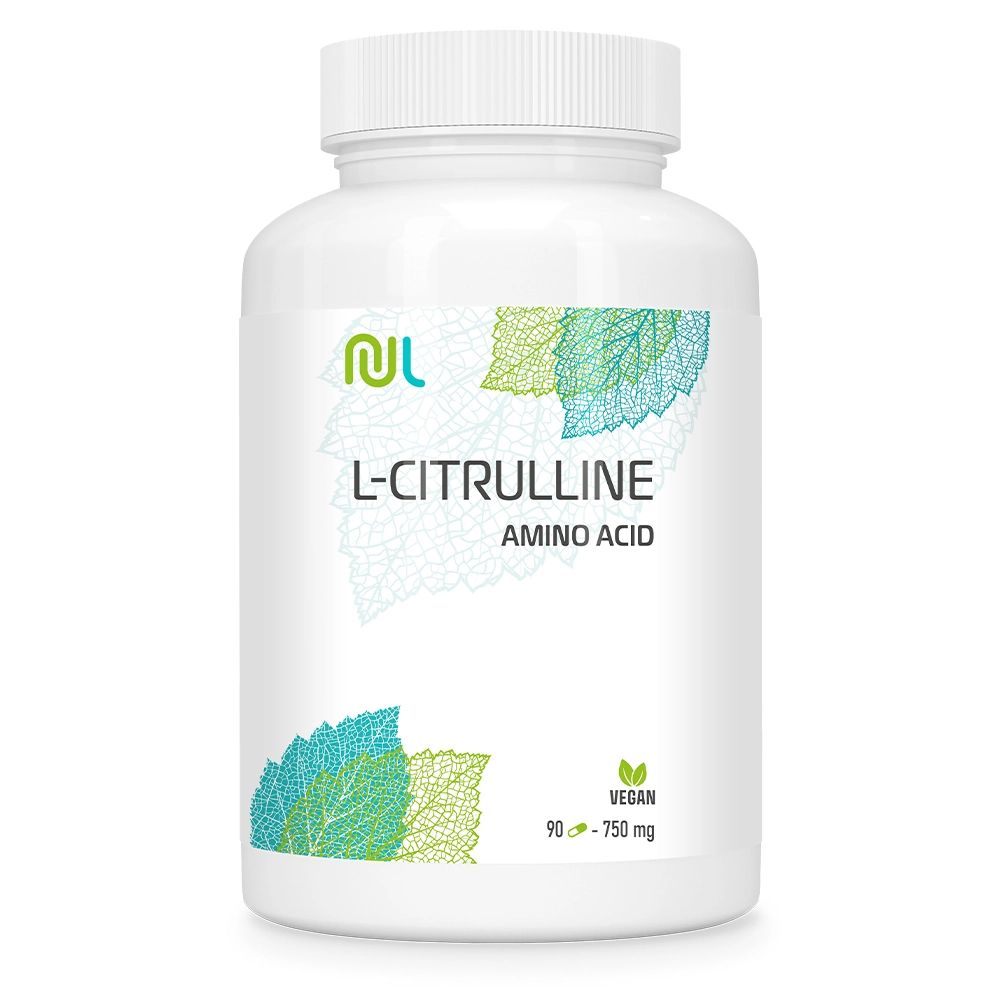 Weiße Flasche mit grünen Blättern. Text: L-Citrullin, Amino Acid, Vegan. 90 Kapseln - 750 mg.