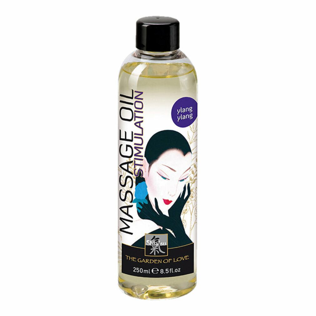 Klare Flasche mit schwarzem Deckel. Aufschrift: Massage Oil Stimulation, Ylang Ylang, The Garden of Love, 250ml. Abbildung einer Frau.