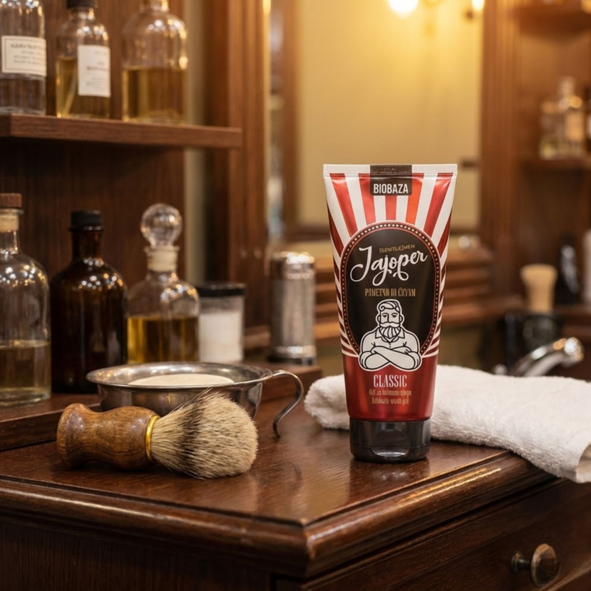 Tube mit rot-weißem Design. Aufschrift: Biobaza Jajoper Classic. Bartbürste, Schale und Handtuch auf Holzoberfläche.