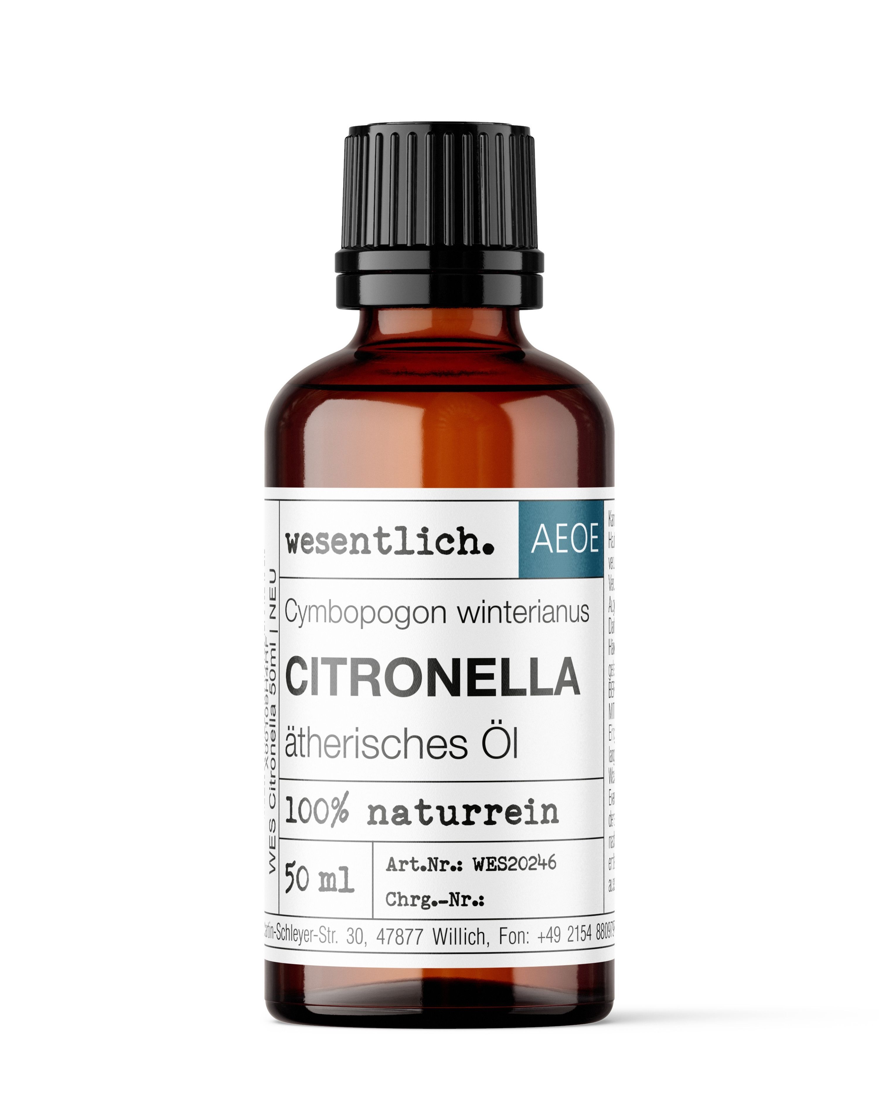 Bernsteinfarbene Glasflasche mit schwarzem Schraubverschluss, Etikett mit "Citronella ätherisches Öl" und "100% naturrein".