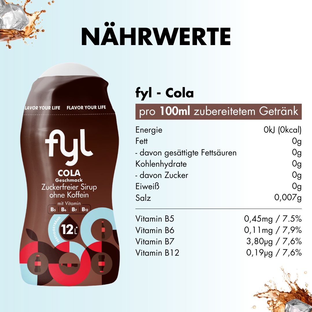 Fyl Cola Sirup, Nährwerttabelle pro 100ml zubereitetem Getränk, mit Vitaminen B5, B6, B7, B12.
