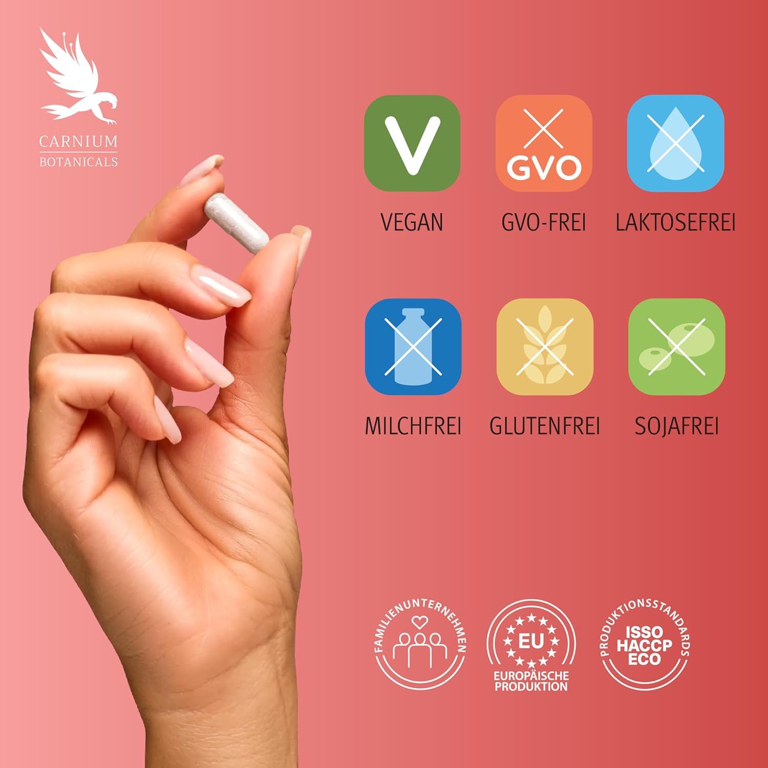 Hand hält eine Kapsel. Logos: Vegan, GVO-frei, Laktosefrei, Milchfrei, Glutenfrei, Sojafrei. Zertifizierungen: Familienunternehmen, EU-Produktion, ISO HACCP.