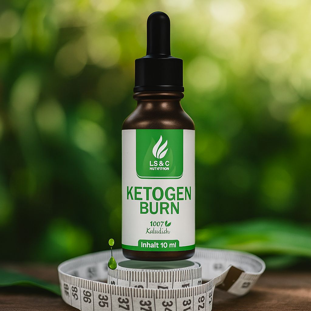 Braune Glasflasche mit schwarzem Tropfer auf Maßband. Aufkleber mit Logo, Text: Ketogen Burn, 1007 Kaludishi, Inhalt 10 ml.