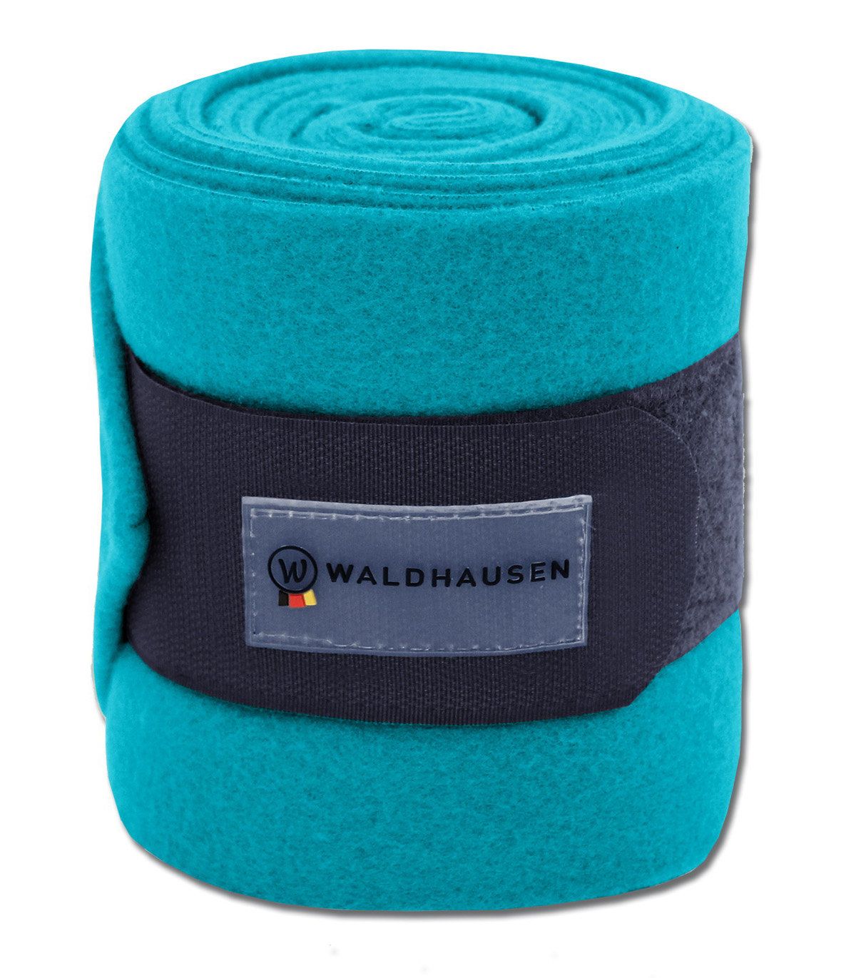 Gerollte türkisfarbene Fleecebandagen mit dunkelgrauem Klettverschluss. Waldhausen-Logo.