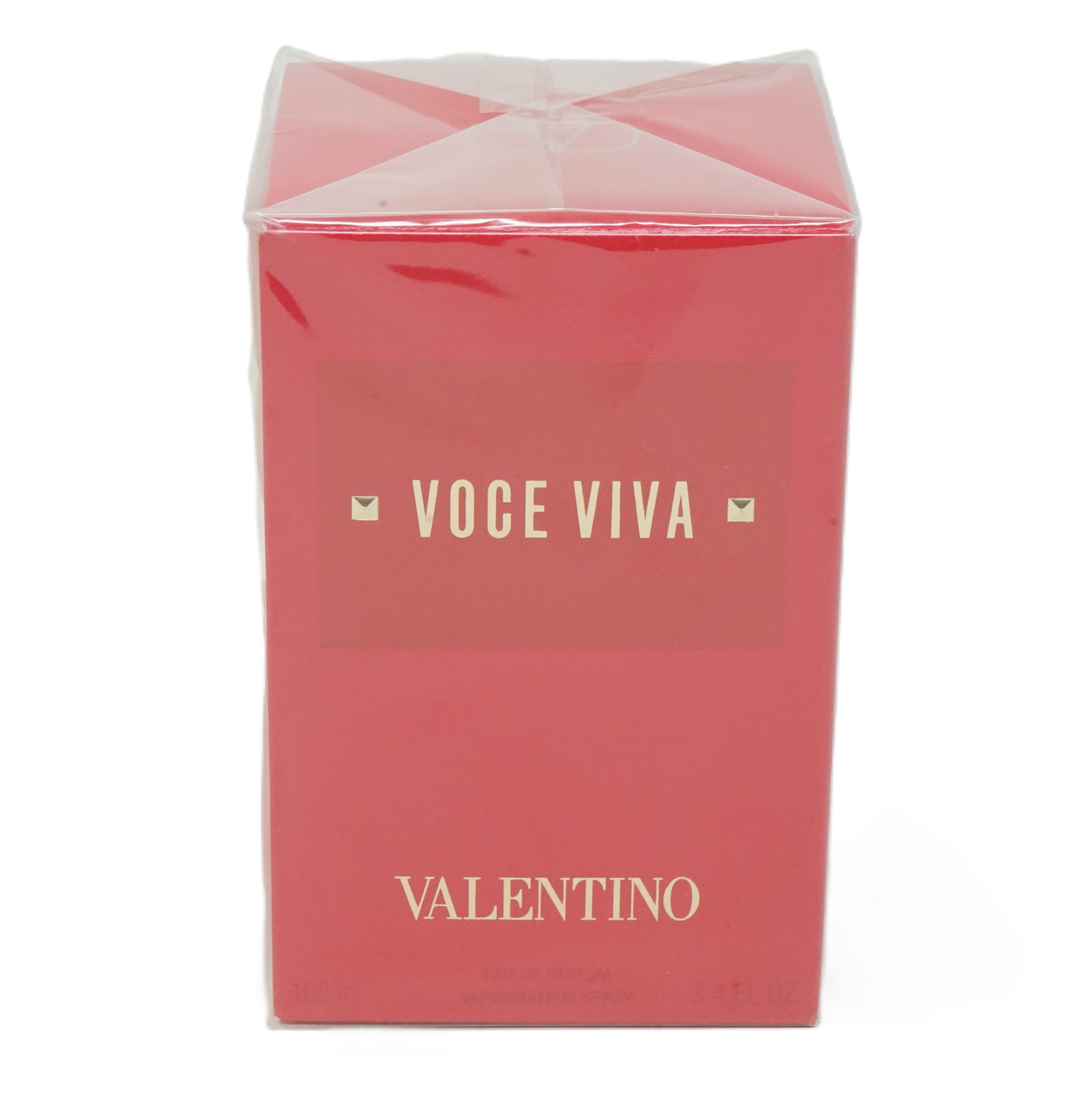 Rote rechteckige Verpackung mit transparentem Deckel. Aufschrift: VOCE VIVA und VALENTINO in Gold. Produktverpackung.