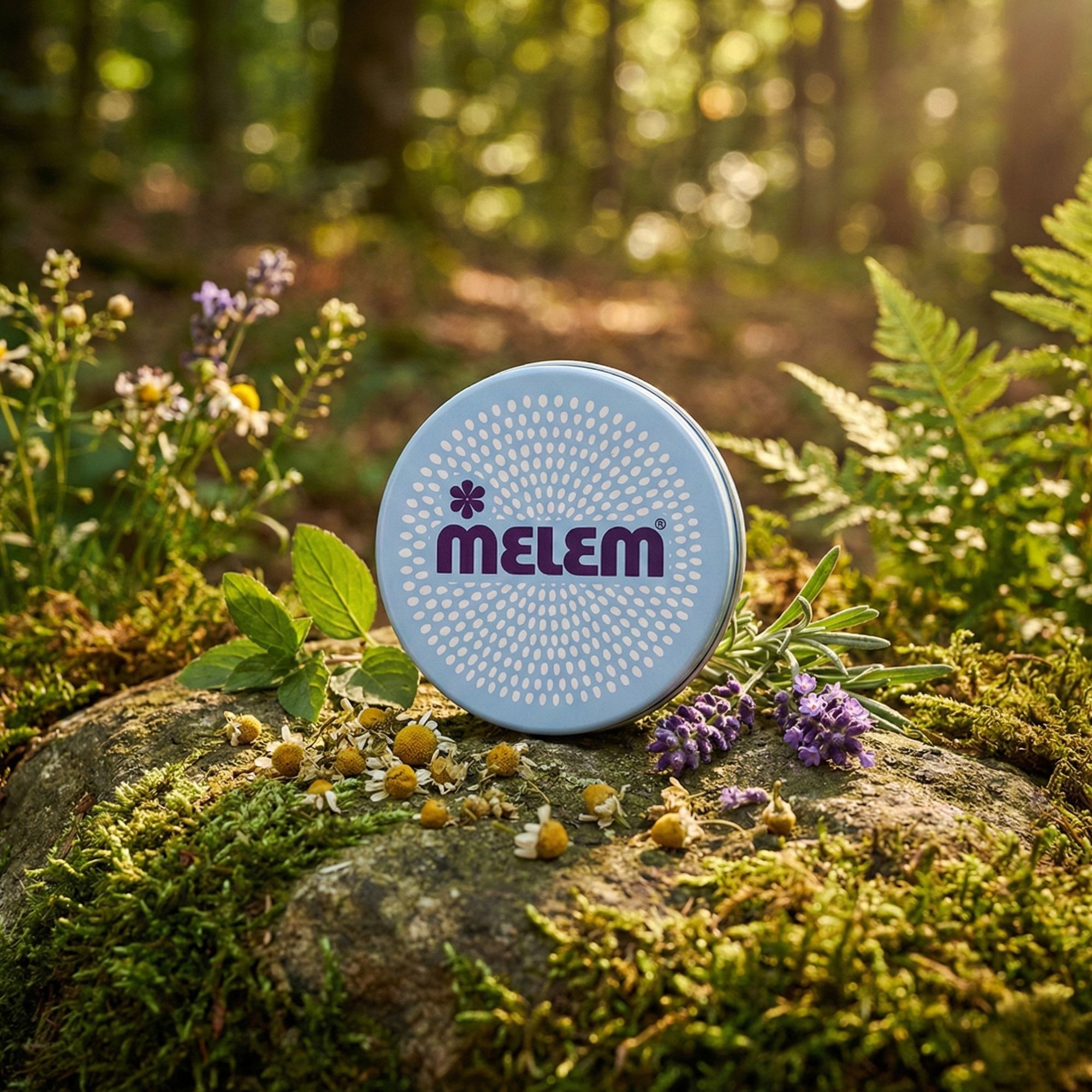 Hellblaue, runde Dose mit "MELEM"-Logo, platziert auf einem Stein, umgeben von Pflanzen und Blüten in einem Wald.