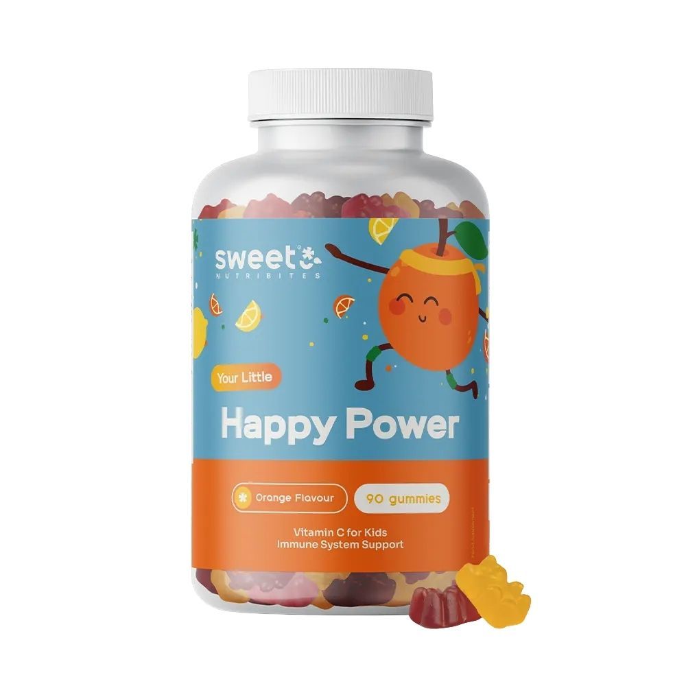 Eine Flasche Sweet Nutribites Happy Power Gummis. Aufkleber mit Produktnamen, Vitamin C und 90 Gummis. Orangefarbene Gummibärchen liegen daneben.