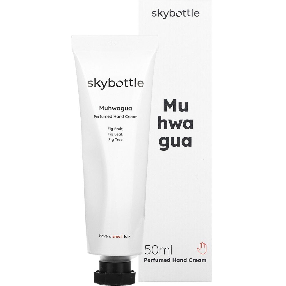 Weiße Tube und Schachtel. Aufschrift: skybottle, Muhwagua Perfumed Hand Cream. Text: Fig Fruit, Fig Leaf, Fig Tree. 50ml.