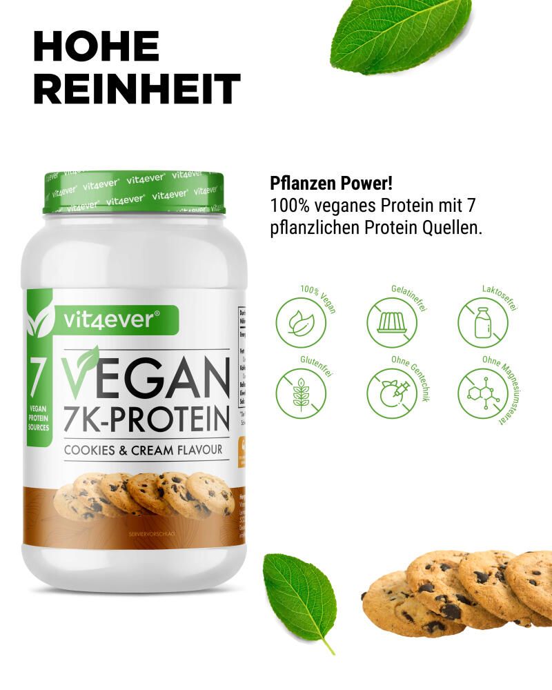 Weiße Dose mit grünem Deckel. Aufschrift: 7 Vegan 7K-Protein, Cookies & Cream Flavour. Daneben Symbole für vegan, glutenfrei, etc.